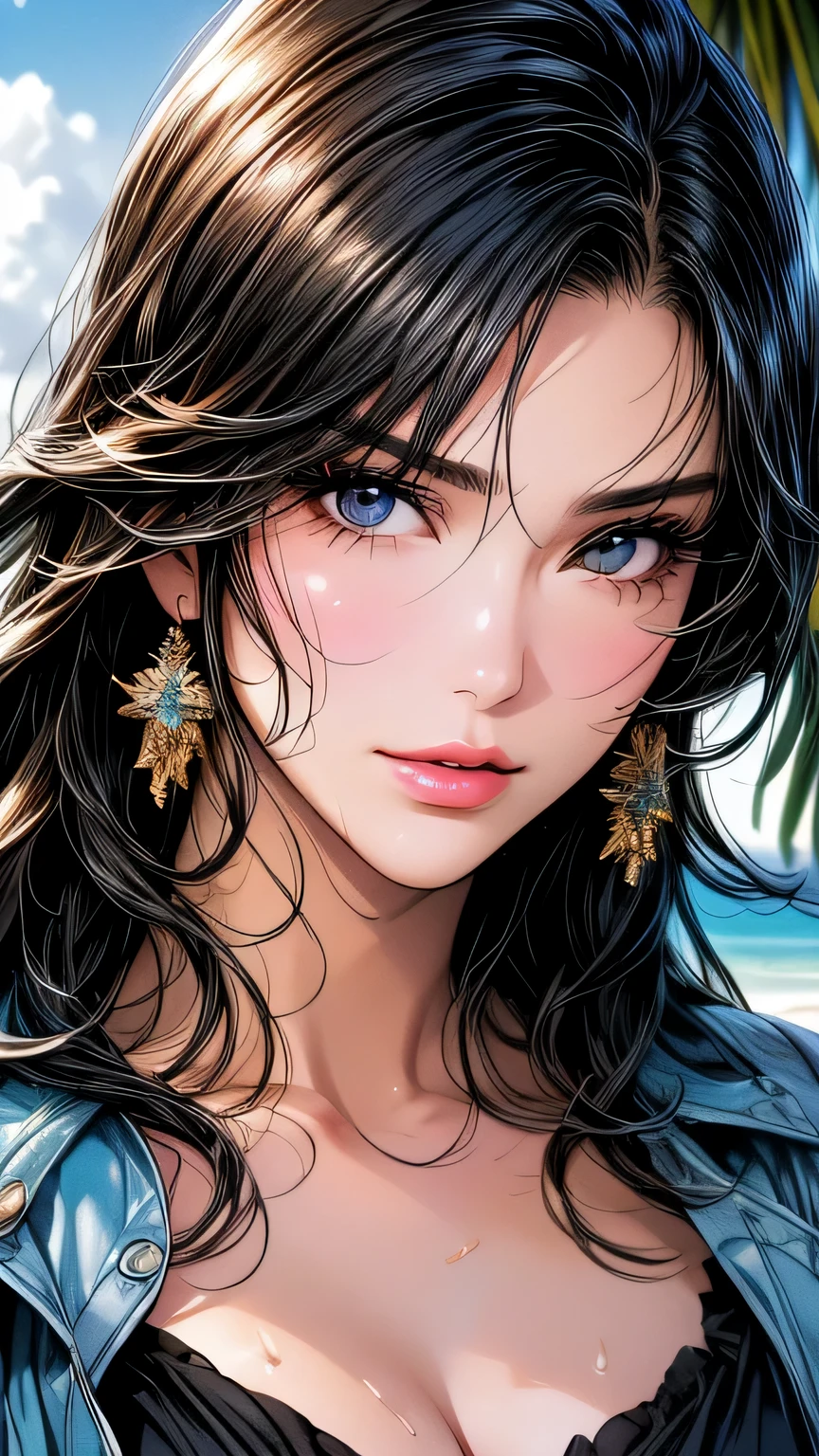 (((close up of face)))、1 girl (master piece:1.2) (detailed:1.2) (highest quality:1.1) (shiny hair) (shiny skin), Nico Robin V2, movie lighting, (wet skin, wet hair, big:1.2), big, (beach, Palm tree), beach, clear water,(blue sky, Cumulonimbus cloud),(Smooth),(hibiscus),laughter, black eye, one piece, Nico Robin, Huge_chest, ~ side、masterpiece、highest quality、Super fine、High resolution、very detailed写真、(natural skin texture、fine skin、hyper realism、Super sharpness)、high detail skin、(very detailed、fine skinの質感、intricate details、one piece水着、((close up of face))、sexy