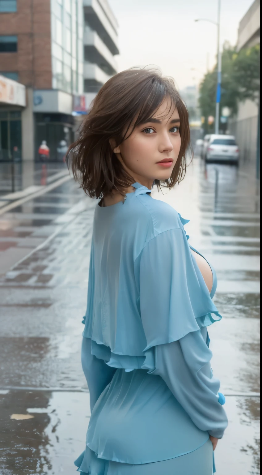 ((Best Quality, 8K, Masterpiece:1.3)), Focus: 1.2, Perfect Body Beauty: 1.4, Buttocks: 1.2, ((Layered Haircut, Breasts: 1.2)), (Wet Clothes: 1.1) , (Rain, Street:1.3), Bandeau Dress: 1.1, Highly Detailed Face and Skin Texture, Delicate Eyes, Double Eyelids, Whitened Skin, Long Hair