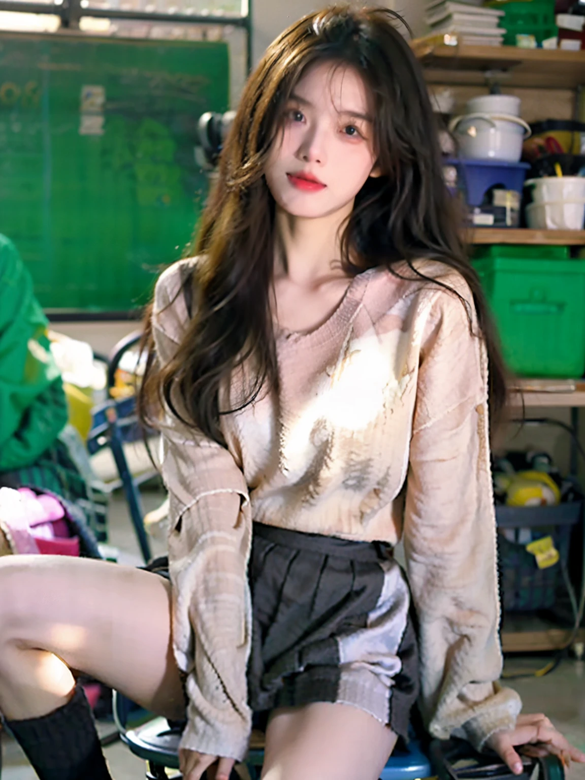 Best quality, RAW photo, photorealistic, SFW, soft light, detailed photo, masterpiece, extreme high resolution, (many people behind photos), (classroom), focus on 1 girl, cute, beautiful, 18 years old, black long hair, silky hair, blue eyes, smooth skin, detailed beautiful face, a4 waist, small breasts, huge thighs, long socks, short skirt, (brown sweater), focus on subject, sitting on chair, ((one leg over another)), tomboy vibe, crowd behind girl,