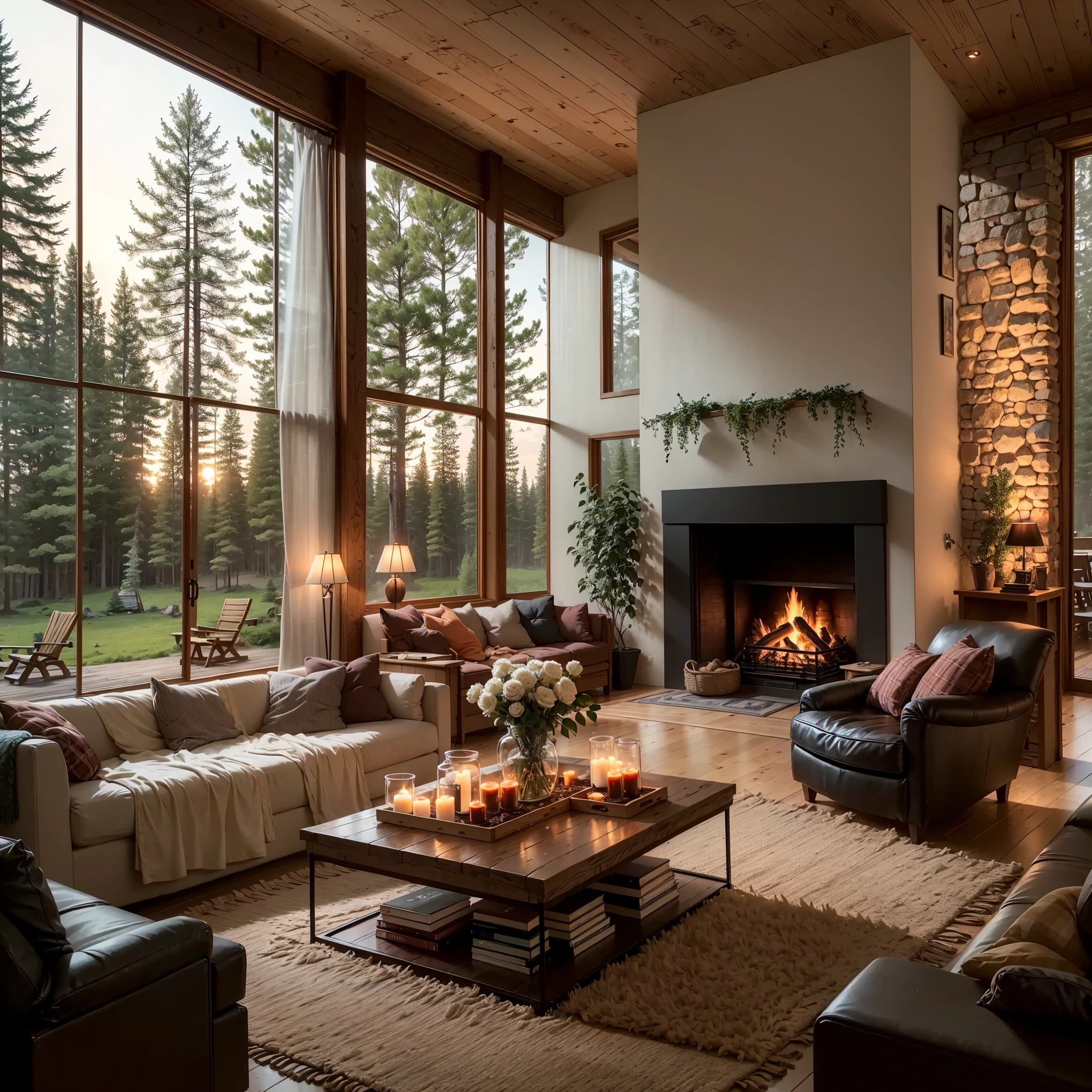 THIS EVENING WOODEN CABIN LIVING ROOM ANIME BACKGROUND, (COZY ATMOSPHERE), (SUBTLE LIGHTING), BRIGHT STONE FIREPLACE FIRE, LIONSKIN RUG THIS EVENING BEST QUALITY, TRANSPARENT GLASS WINDOWS