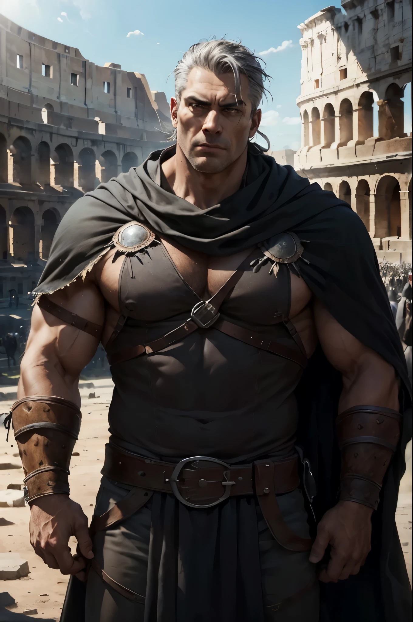 (RAW photo), (Realistic), (photo-realistic), ultra high resolution, masterpiece, highest quality, portrait, facial portrait, perfect lighting, detailed lighting, dramatic shadow, ray tracing, 1 man, alone, tall and muscular man, broad shoulders, (((good looking))), very short hair, gray hair, brown eyes, square jaw, thick neck, thick eyebrows, the high noon view of the ancient Rome Arena background, ((wearing a ancient Executioners costume)),