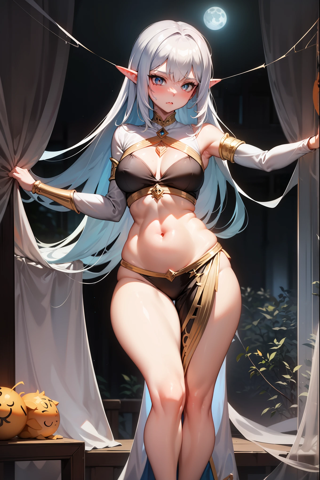 A blue skinned elven woman. She has waist length platinum hair. She has chromatic eyes. She is skinny with small pouting breasts and full curvaceous hips. She has 6 arms modeled after the goddess Durga. She is in a silky translucent belly dancers outfit. She looks seductive. She is belly dancing. She is in a medieval room that is covered with spiderwebs. The window has spiderwebs in it. The moon hangs outside. Show her from head to toe.