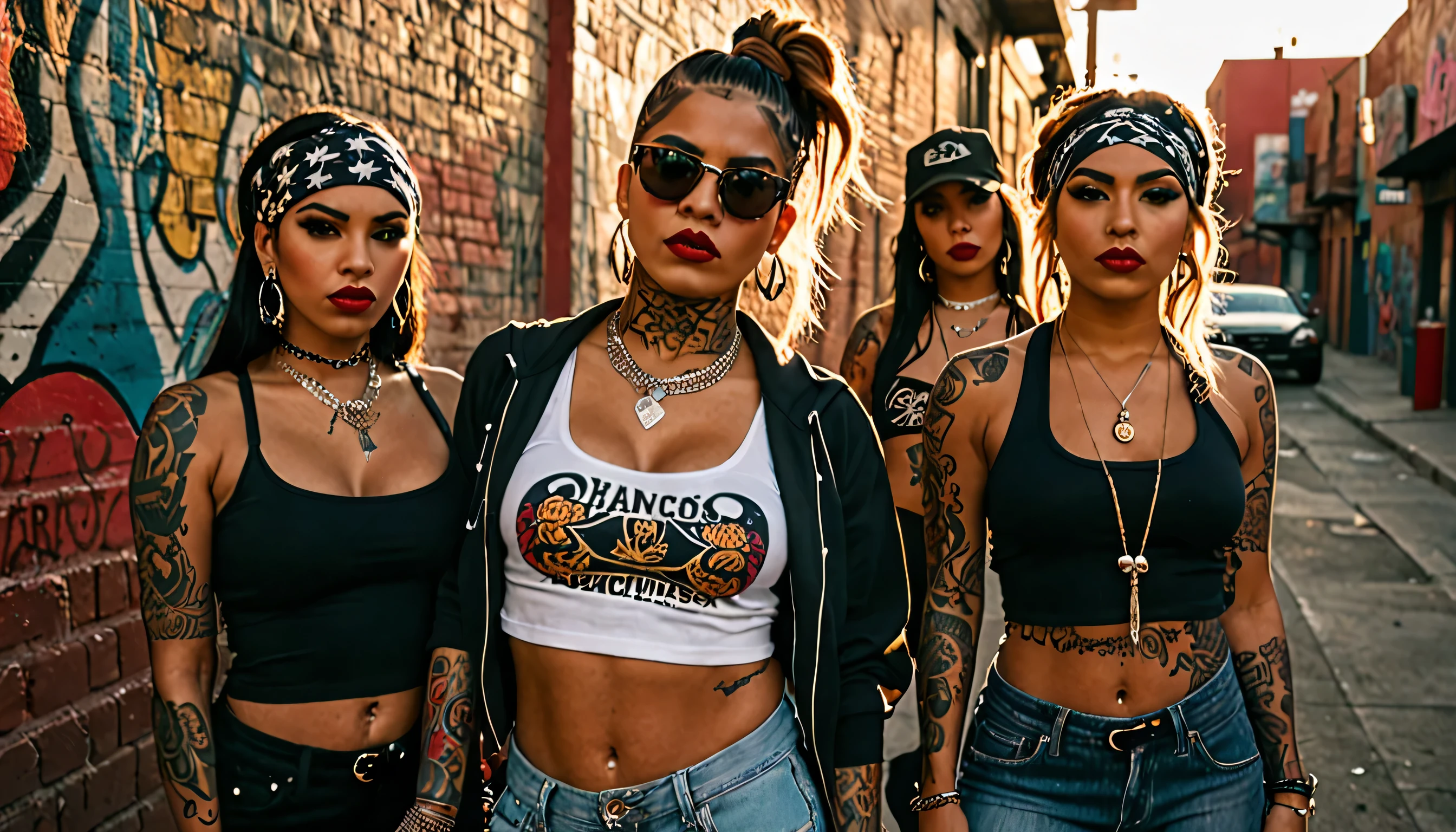 best quality,4k,8k,highres,masterpiece:1.2,ultra-detailed,realistic:1.37,chicanos girl,gangster culture,beautiful detailed eyes,beautiful detailed lips,extremely detailed eyes and face,longeyelashes,gritty urban setting,street art murals,colorful graffiti,cool urban fashion,hoodie and baggy pants,tattoos and piercings,sunglasses and bandanas,confident and tough expression,shadows and low lighting,contrast and saturation boost,gritty film noir style,sepia tones,urban decay aesthetic,spiky hair and braids,group of chicanos girls,attitude and rebellion,street slang and tattoos,street dance and rap music,street corner hangouts,proud cultural heritage,latin american pride