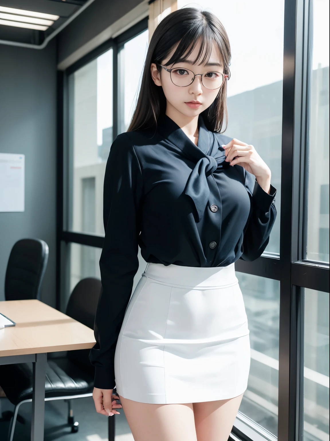 one person、solo、A 20-year-old office lady in office uniform poses for a photo shoot、glare、sexy、victory、Tsundere、Saucy、Single knot、OL、suit、blue mini skirt、anger、Small、glasses、Slim girl model photo、Body:史上最Smallの美少女、female model、Japanese female fashion model、(8K、RAW photo、Highest image quality、masterpiece:1.2)、(real、photorealistic:1.37)、Ultra high definition、Ultra high definition、Office Street、standing position、whole body、((((SEXY)))
