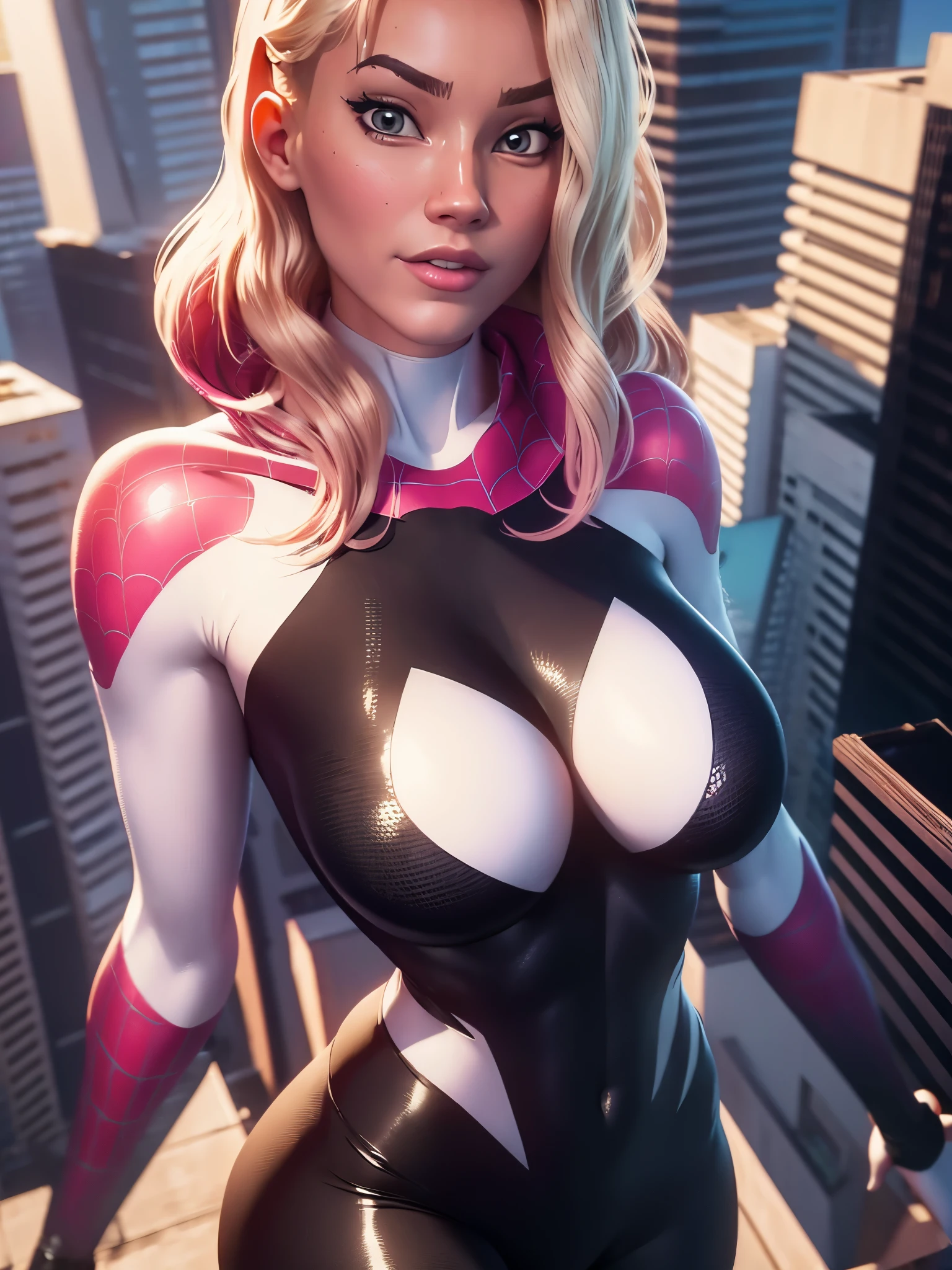 ((masterpiece)),high resolution, ((Best quality at best)), 1girl, woman, wearing a spidergirl outfit, cleavage, busty, thicc, mask, gwen stacy, upper body, on a skyscraper