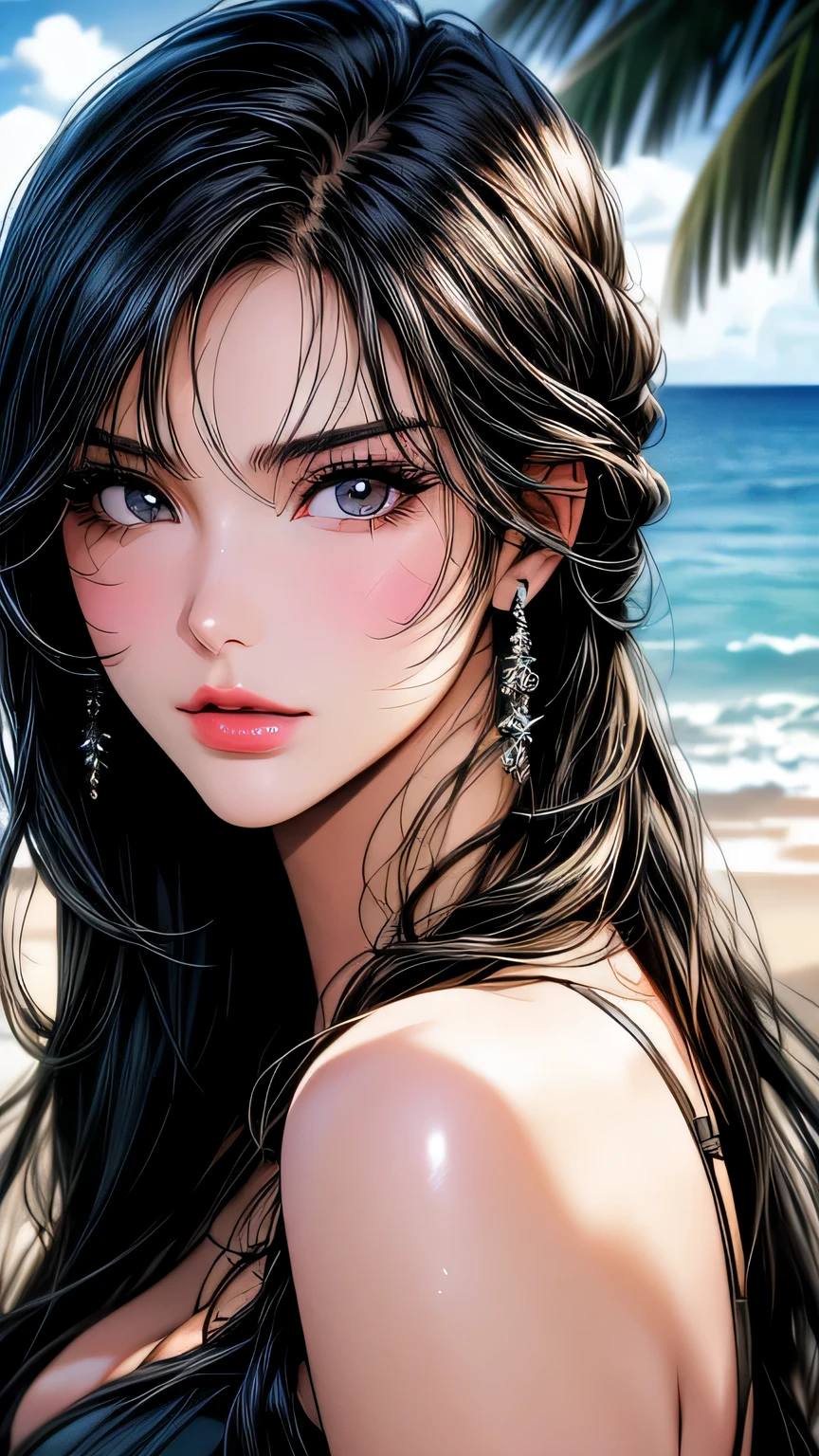 (((close up of face)))､1 girl (master piece:1.2) (detailed:1.2) (highest quality:1.1) (shiny hair) (shiny skin), Nico Robin V2, movie lighting, (wet skin, wet hair, big:1.2), big, (beach, Palm tree), beach, clear water,(blue sky, Cumulonimbus cloud),(Smooth),(hibiscus),laughter, black eye, one piece, Nico Robin, Huge_chest, ~ side、masterpiece、highest quality、Super fine、High resolution、very detailed写真、(natural skin texture、fine skin、hyper realism、Super sharpness)、high detail skin、(very detailed、fine skinの質感、intricate details、one piece水着、((close up of face))､sexy