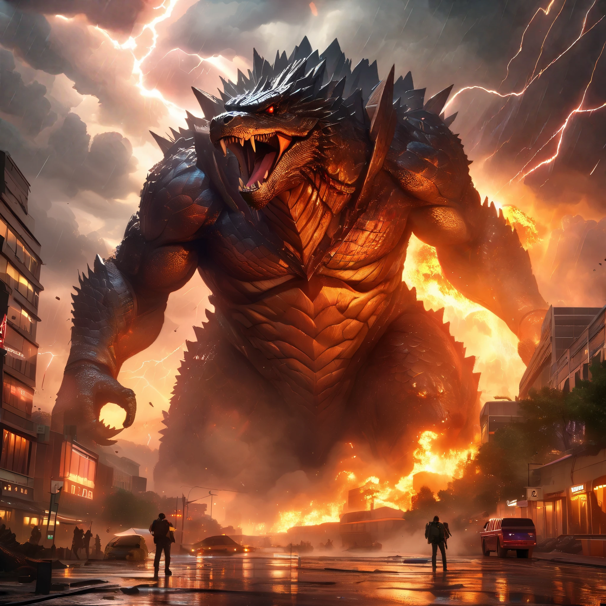 Godzilla rampaging through a city, ancient creature, destructive, thunderstorm, thick smoke, disaster scene, massive size, immense power, fear-inducing, detailed scales, realistic lighting, cinematic quality, HDR, ultra-detailed, studio lighting, professional, vibrant colors, detailed cityscape, dramatic sky, dynamic composition, epic proportions.