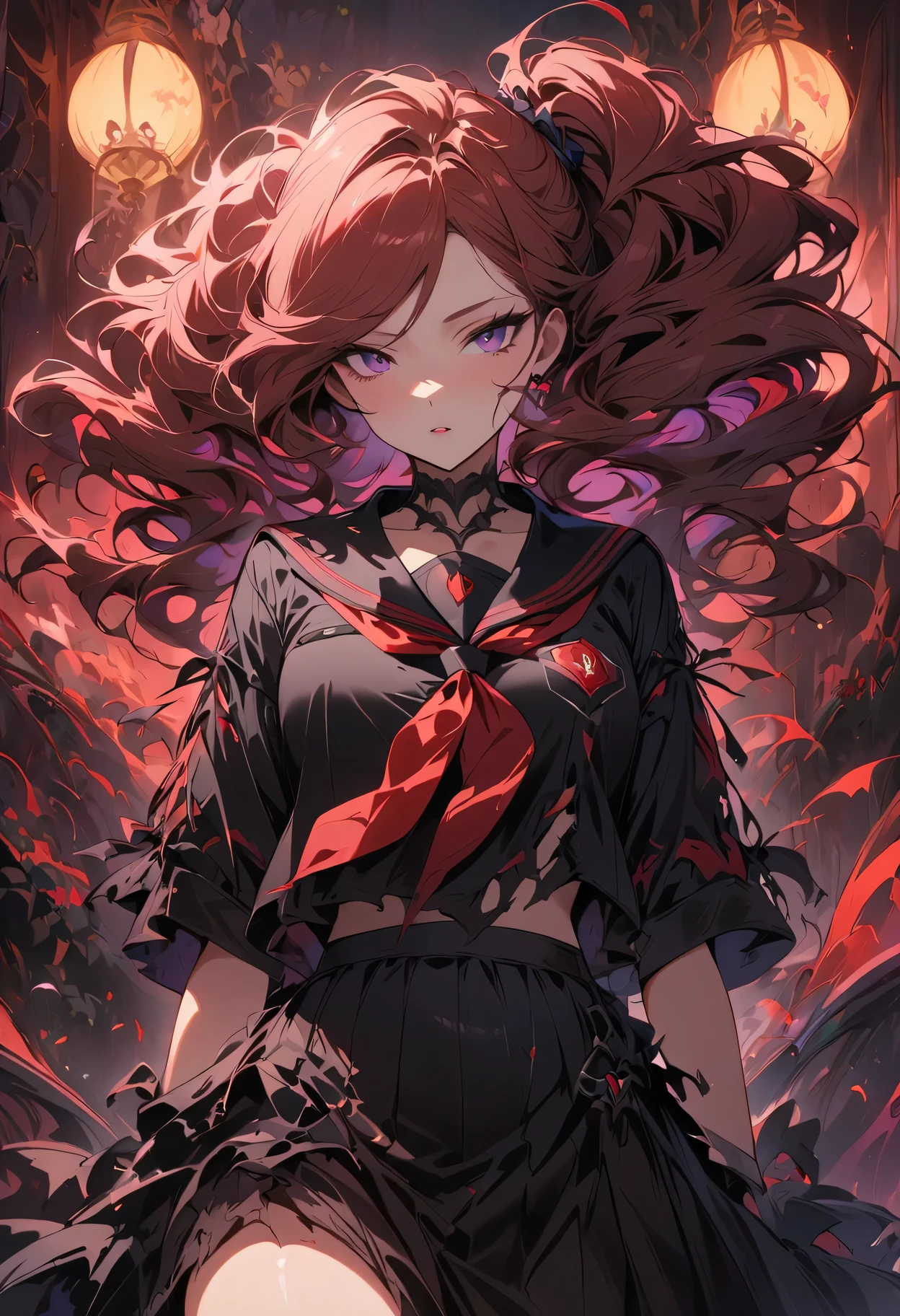 fair, masterpiece, best quality, extremely detailed face, perfect lighting,1 girl, alone, Ryuko Maai, Black Zefuku, black skirt, Red hair, Immortal Jue, torn clothes, Lower chest