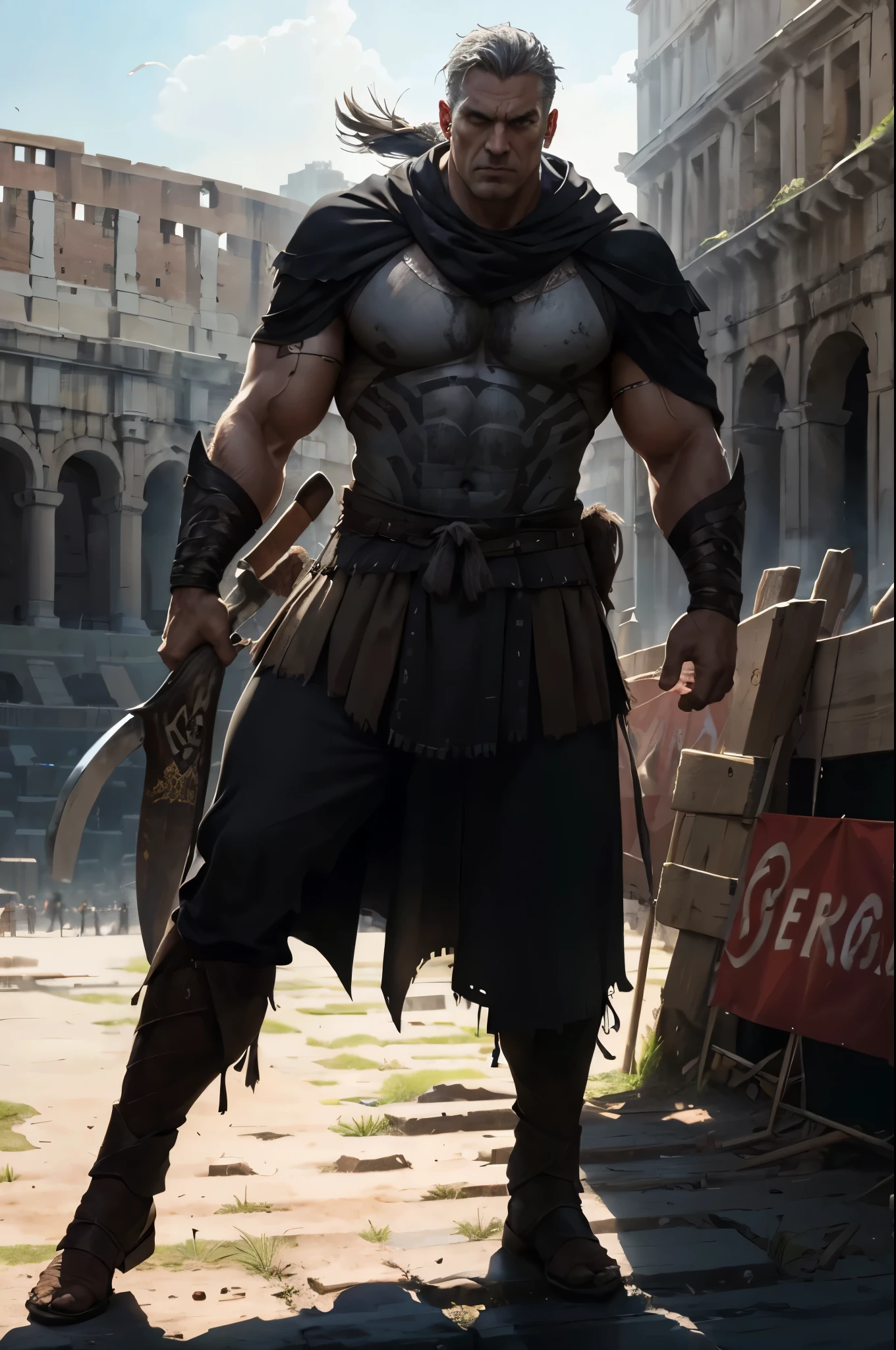 (RAW photo), (Realistic), (photo-realistic), ultra high resolution, masterpiece, highest quality, portrait, facial portrait, perfect lighting, detailed lighting, dramatic shadow, ray tracing, 1 man, alone, tall and muscular man, broad shoulders, (((good looking))), very short hair, gray hair, brown eyes, square jaw, thick neck, thick eyebrows, the high noon view of the ancient Rome Arena background, ((wearing a ancient Executioners costume)),