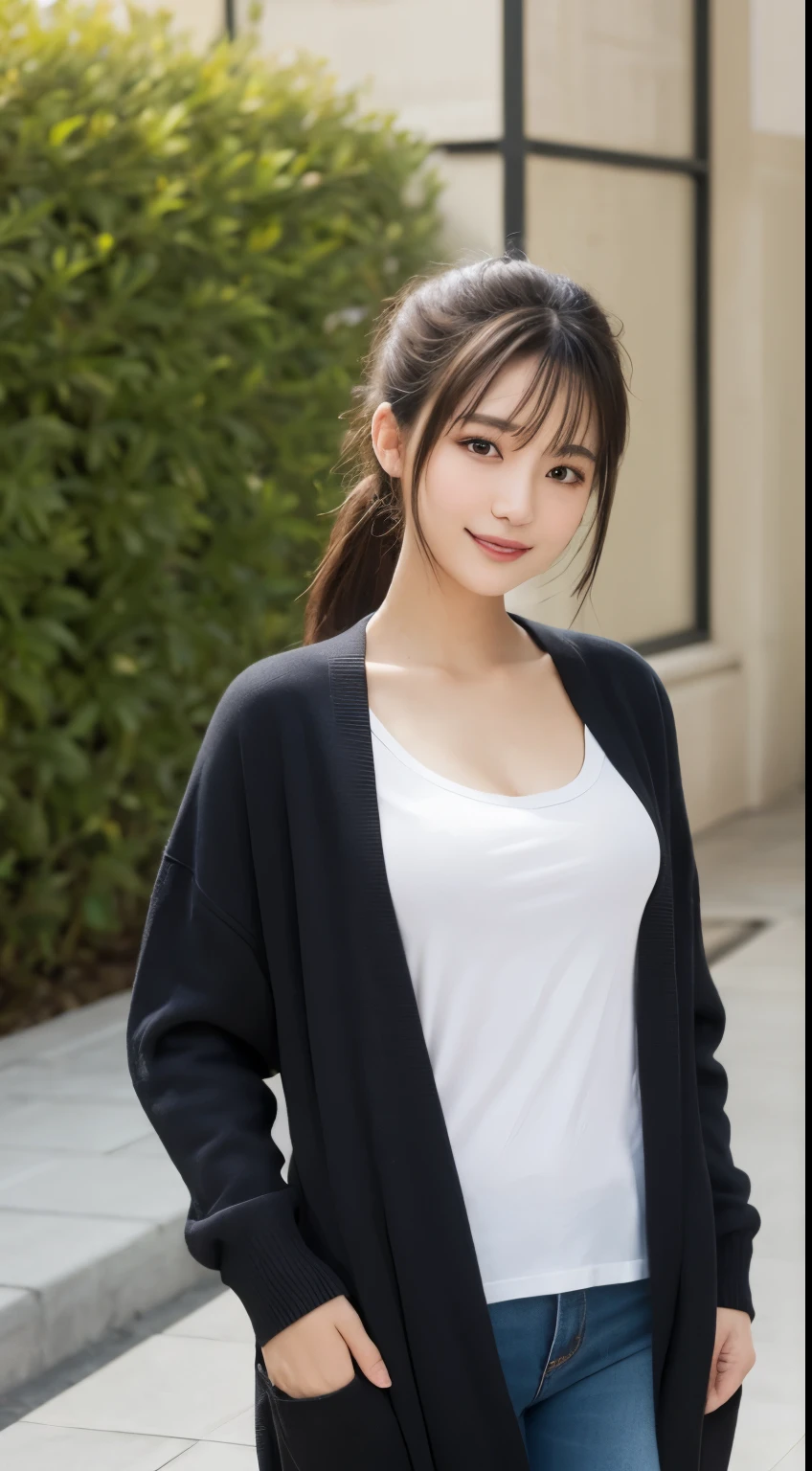 whole body, highest quality, figure, Super detailed, finely, High resolution, 8K, 完璧なダイナミックな構figure, detailed and beautiful eyes, Oversized black cardigan,ponytail hair, middle of chest, natural color lip, random sexy poses,smile,garden,white shirt,I can't see your chest,less exposure,date,