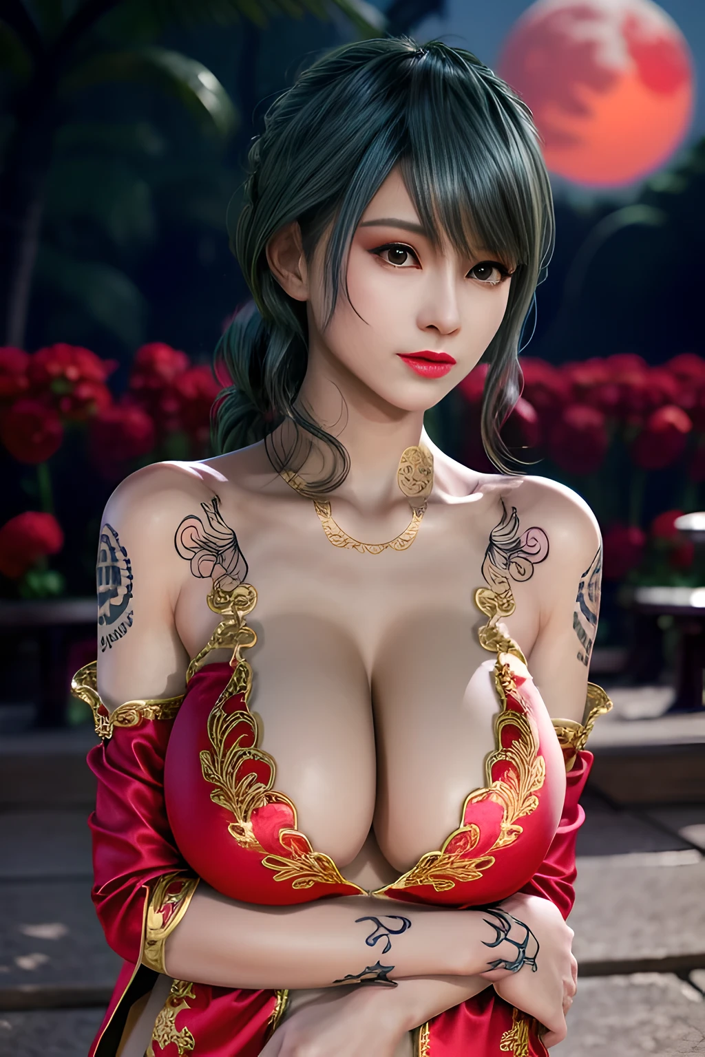 1 girl,standing posture,Dancing sleeves,nighttime,RED moon,(( ancient Hanfu)),gem tassel,( huge breasts),cleavage,shiny skin, red lips,( tattoos:1.2), masterpiece, best quality, realistic ,Rich artistic colors, 8K,Portrait art,solo, tamaki