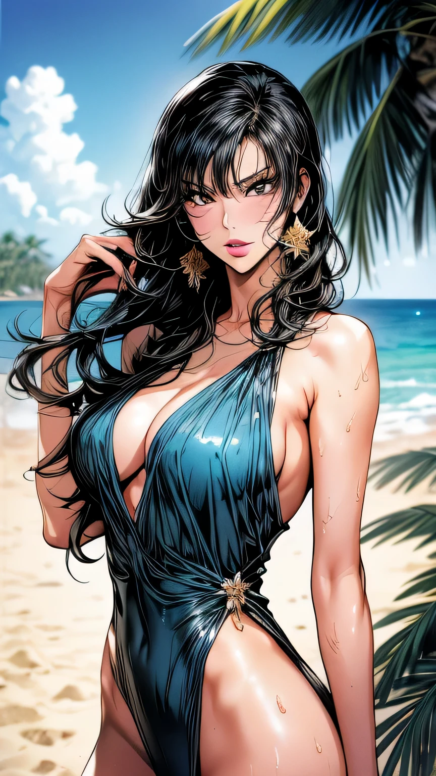 1 girl (master piece:1.2) (detailed:1.2) (highest quality:1.1) (shiny hair) (shiny skin), Nico Robin V2, movie lighting, (wet skin, wet hair, big:1.2), big, (beach, Palm tree), beach, clear water,(blue sky, Cumulonimbus cloud),(Smooth),(hibiscus),laughter, black eye, one piece, Nico Robin, Huge_chest, ~ side、masterpiece、highest quality、Super fine、High resolution、very detailed写真、(natural skin texture、fine skin、hyper realism、Super sharpness)、high detail skin、(very detailed、fine skinの質感、intricate details、one piece水着、sexy