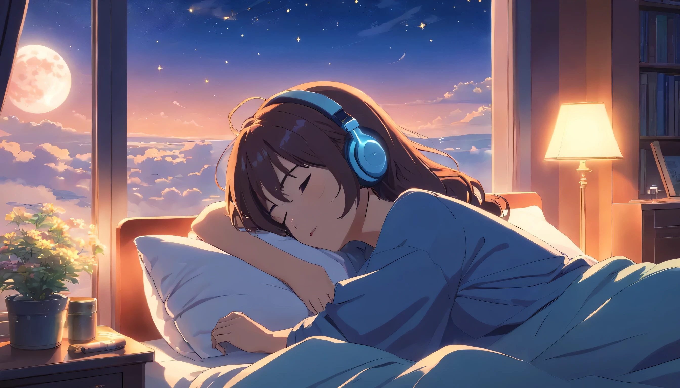 (masterpiece) a girl (woman) sleeping in bed, on her bed, wearing headphones,  Window showing moon and stars, calm, peaceful, thinking, ish, color grading, Nice color coding,