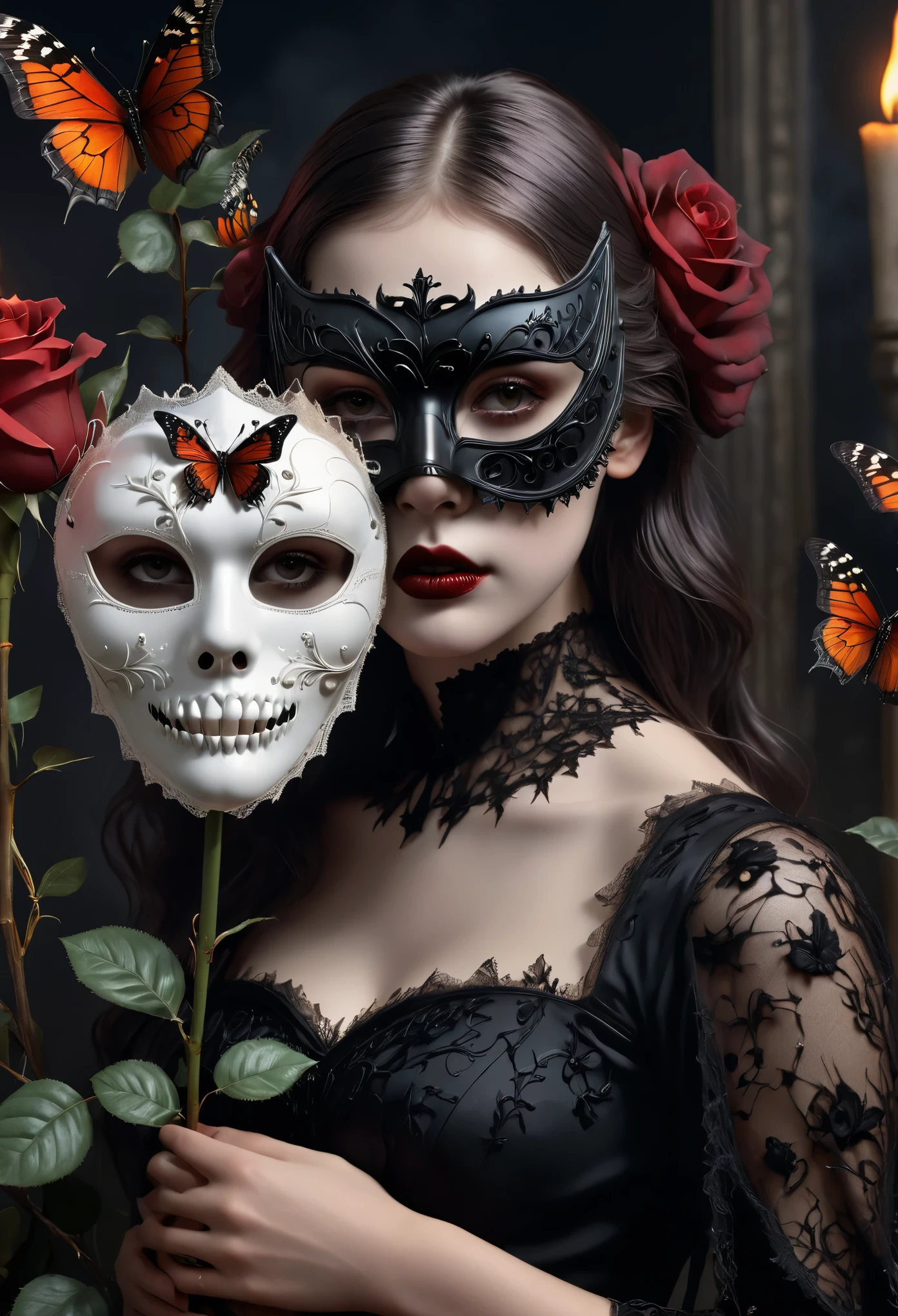 (best quality,4k,8k,highres,masterpiece:1.2),ultra-detailed,(realistic,photorealistic,photo-realistic:1.37),gothic art,girl with mask,lace dress,thorny rose,creepy,terrifying,burning butterfly,holding a skull.