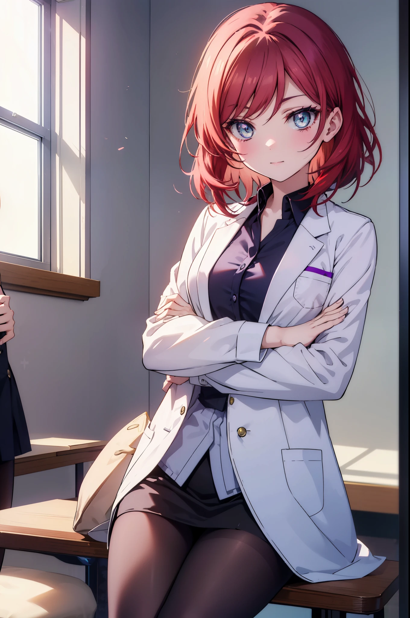 makinishikino, Maki Nishikino, short hair, (purple eyes:1.1), redhead,happy smile, smile, open your mouth, amazingly beautiful、((doctor&#39;s white coat)), collared shirt、doctor style)), ,(( silk blouse、black pencil skirt、 black pantyhose))、stiletto heels,sitting in a chair with legs crossed,There is a chart on the table,白を基調としたExamination room,So that the whole body goes into the illustration,sexy pose,
break indoors, Examination room,
break looking at viewer, (cowboy shot:1.5),
break (masterpiece:1.2), highest quality, High resolution, unity 8k wallpaper, (figure:0.8), (detailed and beautiful eyes:1.6), highly detailed face, perfect lighting, Very detailed CG, (perfect hands, perfect anatomy),