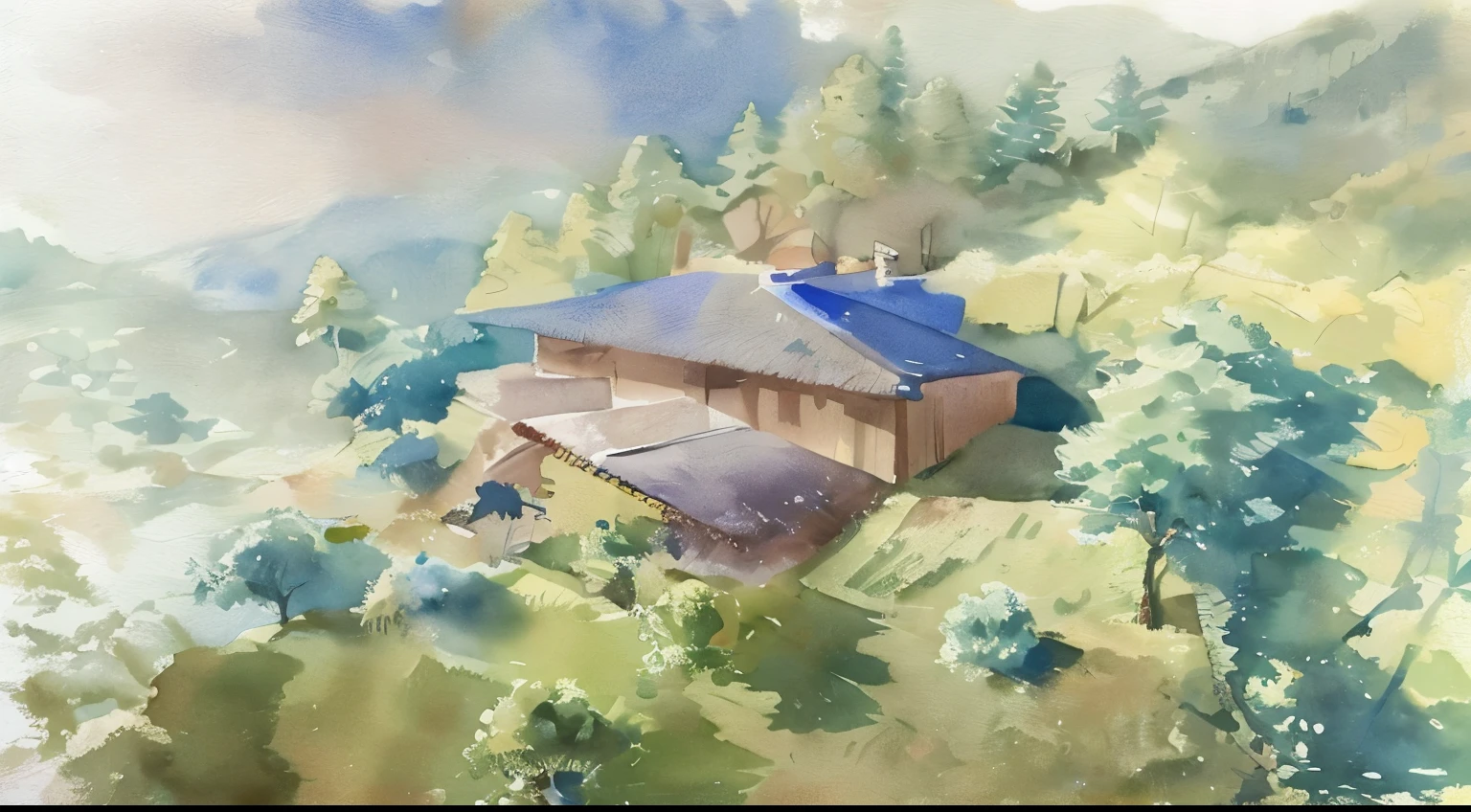 In watercolors, Detailed images, House with tile roof, stone wall, wooden pillars, Natural landscape of mountains and forests