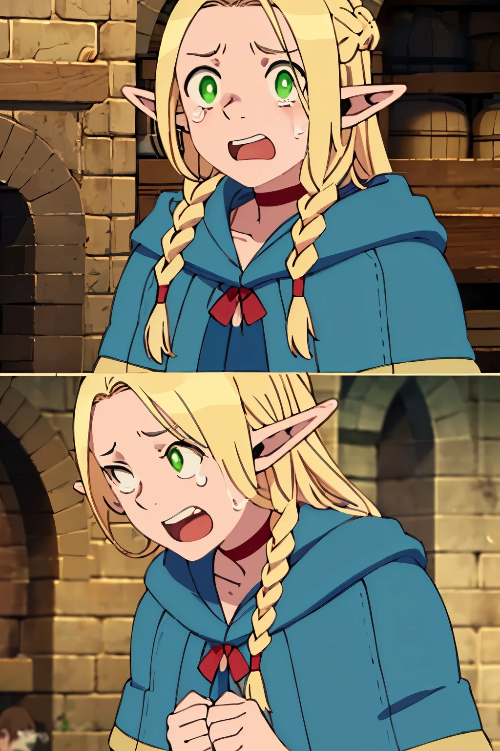 ((masterpiece,best quality)), absurdres,
Marcille_Donato_DungeonMeshi, 
1girl, solo, blonde hair, long hair, twin braids, elf, pointy ears, green eyes,
red choker, blue capelet, 
solo, crying