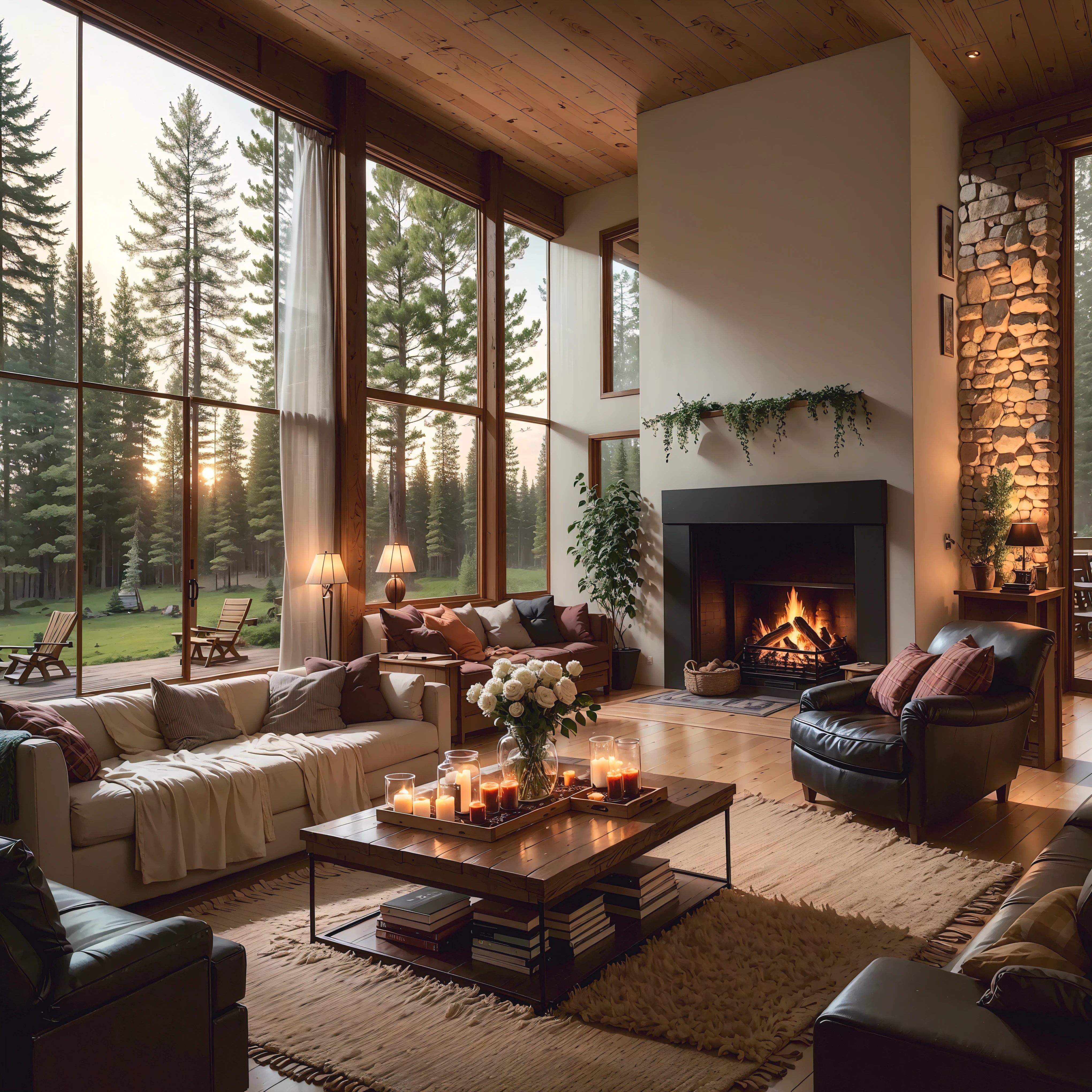 THIS EVENING WOODEN CABIN LIVING ROOM ANIME BACKGROUND, (COZY ATMOSPHERE), (SUBTLE LIGHTING), BRIGHT STONE FIREPLACE FIRE, LIONSKIN RUG THIS EVENING BEST QUALITY, TRANSPARENT GLASS WINDOWS