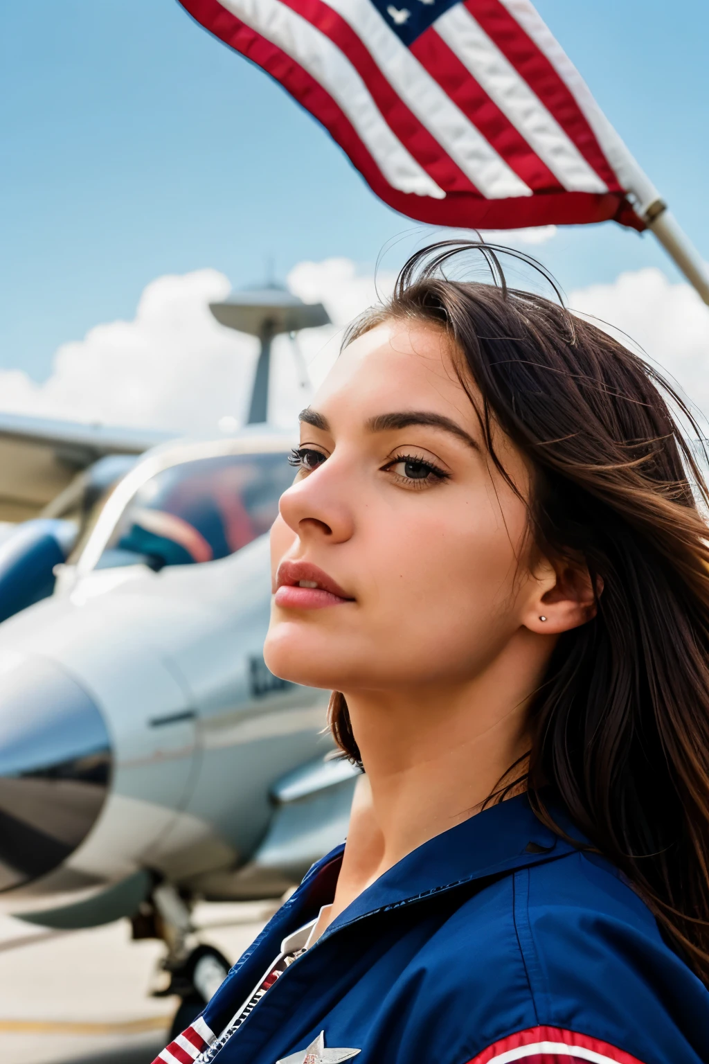 Photorealistic, ultra-detailed scene of USA airplanes, patriotic Americans observing, American flags waving in the breeze, high resolution, Masterpiece, Best quality, Intricate details, Highly detailed, Sharp focus, Realistic textures, Patriotic color palette, Detailed facial expressions, Professional composition, 4k, Blue sky background, Prideful poses, Kodak Vision Color, American landscape in the background, Extremely detailed, Photography\_ultra, Realistic, Post-processing, Maximum details, Roughness, True-to-life, Ultra-realistic, Patriotism, USA, Aviation, Photography, 8