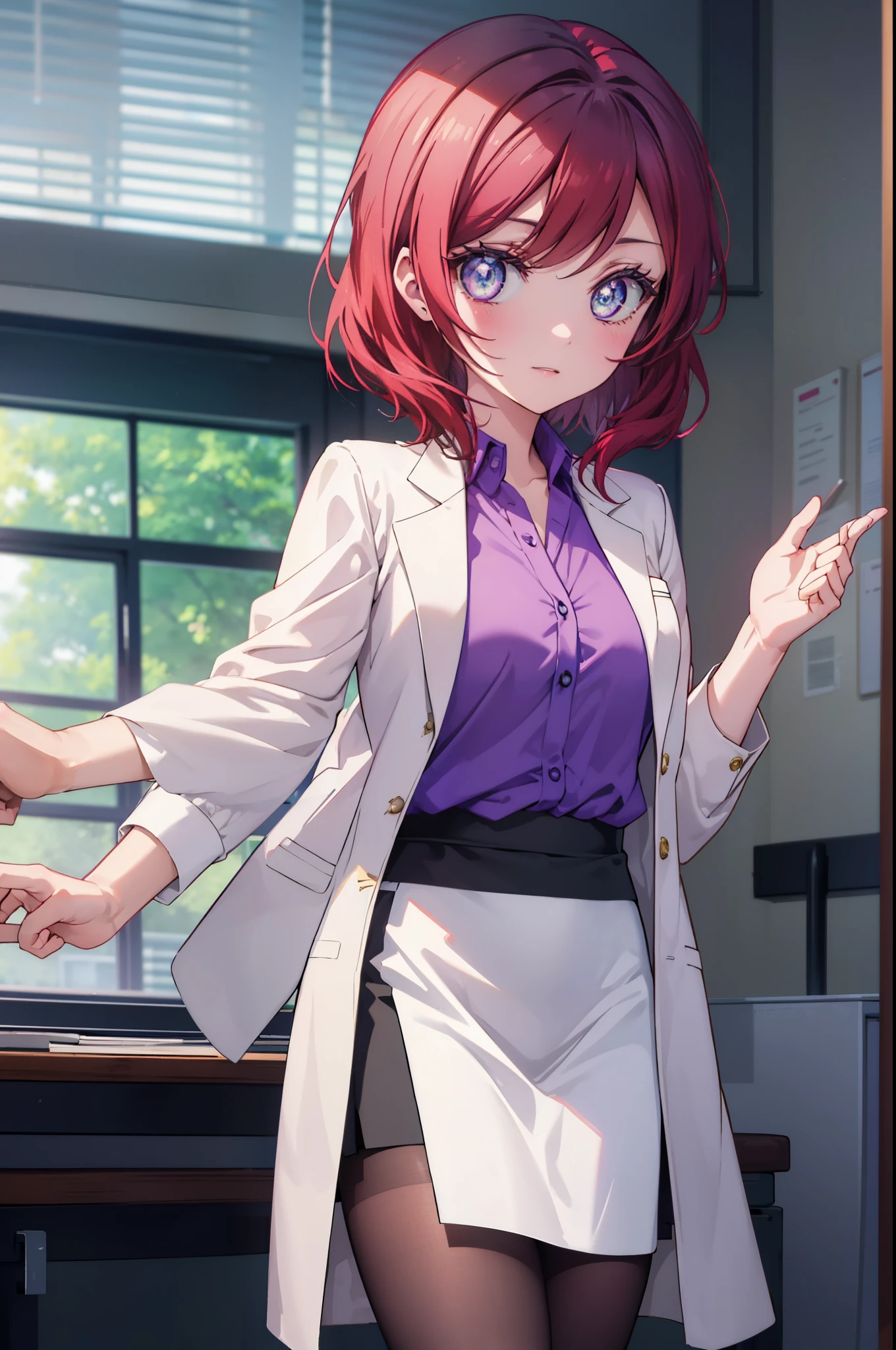 makinishikino, Maki Nishikino, short hair, (purple eyes:1.1), redhead,happy smile, smile, open your mouth, amazingly beautiful、((doctor&#39;s white coat)), collared shirt、doctor style)), ,(( silk blouse、black pencil skirt、 black pantyhose))、stiletto heels,sitting in a chair with legs crossed,There is a chart on the table,白を基調としたExamination room,So that the whole body goes into the illustration,sexy pose,
break indoors, Examination room,
break looking at viewer, (cowboy shot:1.5),
break (masterpiece:1.2), highest quality, High resolution, unity 8k wallpaper, (figure:0.8), (detailed and beautiful eyes:1.6), highly detailed face, perfect lighting, Very detailed CG, (perfect hands, perfect anatomy),