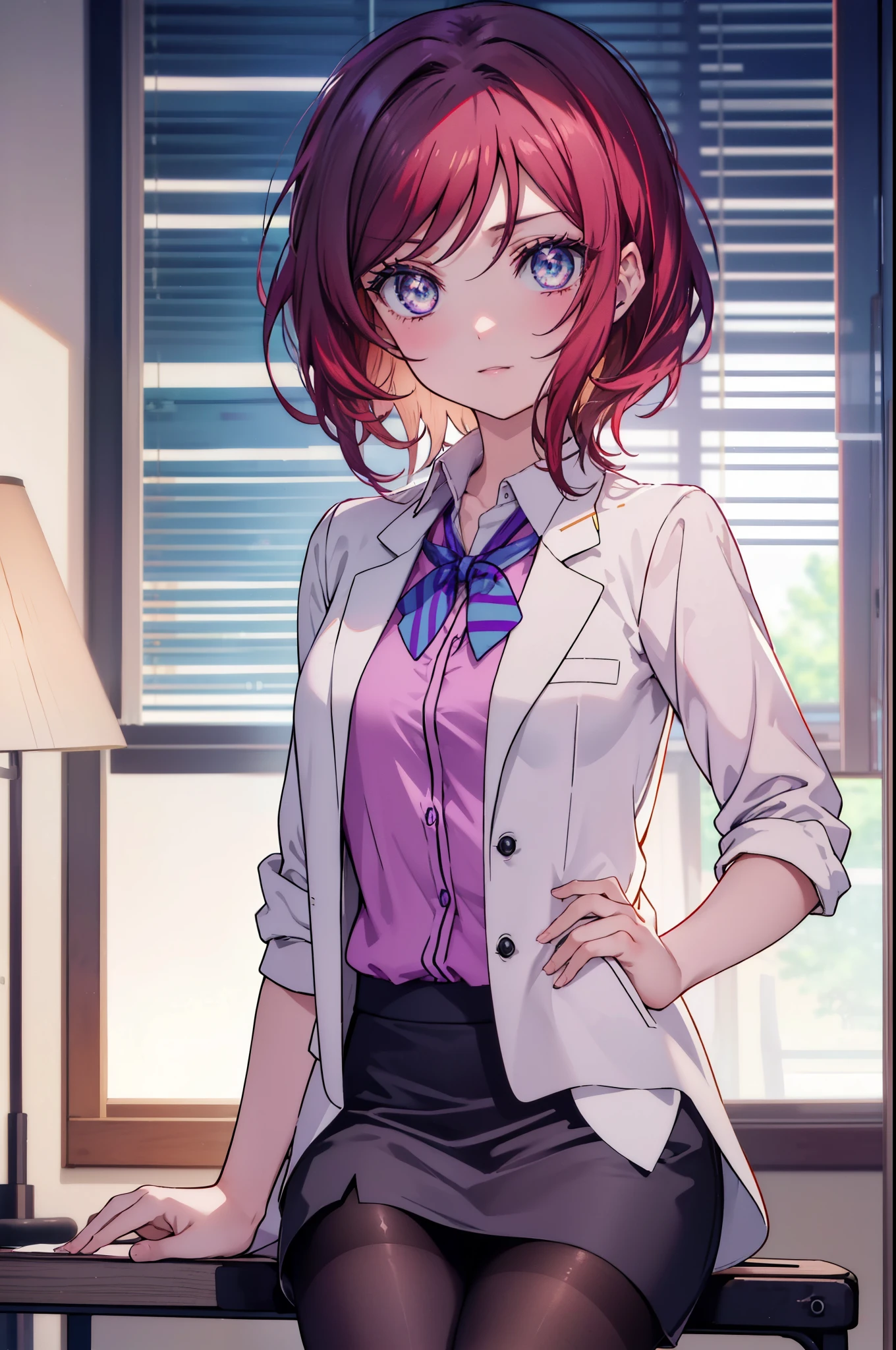 makinishikino, Maki Nishikino, short hair, (purple eyes:1.1), redhead,happy smile, smile, open your mouth, amazingly beautiful、((doctor&#39;s white coat)), collared shirt、doctor style)), ,(( silk blouse、black pencil skirt、 black pantyhose))、stiletto heels,sitting in a chair with legs crossed,There is a chart on the table,白を基調としたExamination room,So that the whole body goes into the illustration,sexy pose,
break indoors, Examination room,
break looking at viewer, (cowboy shot:1.5),
break (masterpiece:1.2), highest quality, High resolution, unity 8k wallpaper, (figure:0.8), (detailed and beautiful eyes:1.6), highly detailed face, perfect lighting, Very detailed CG, (perfect hands, perfect anatomy),