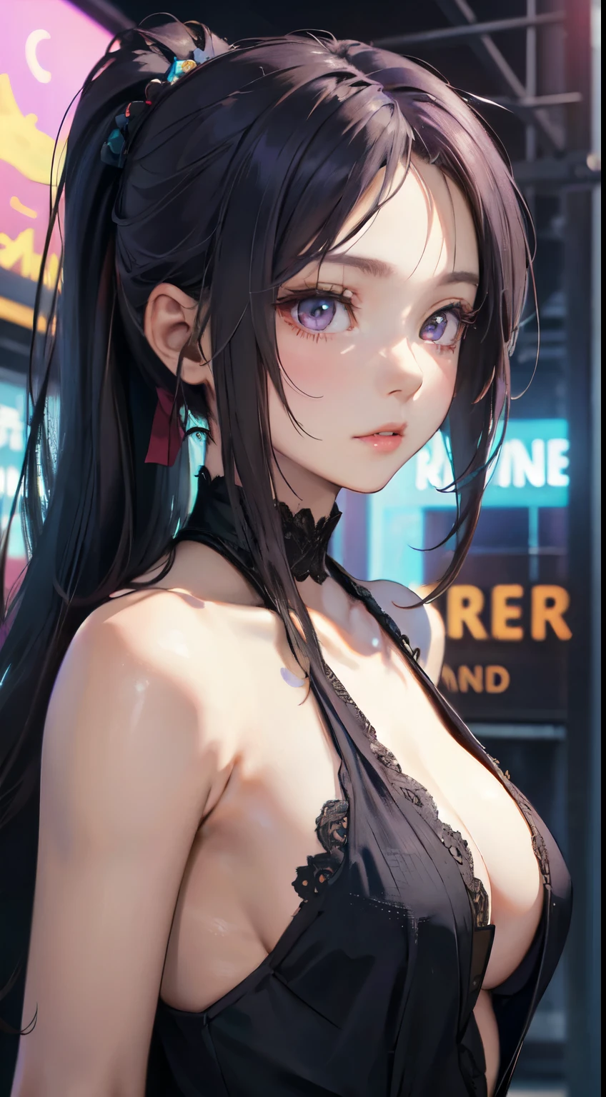 Old body portrait of a beautiful girl、Delicate、detaileds、​masterpiece、Real Stick、3D background、Backgrounds with depth、Realistically exaggerate changes in material texture、Exaggeration of gloss、The best transcendental virtuosity、ponytail、Purple hair color
