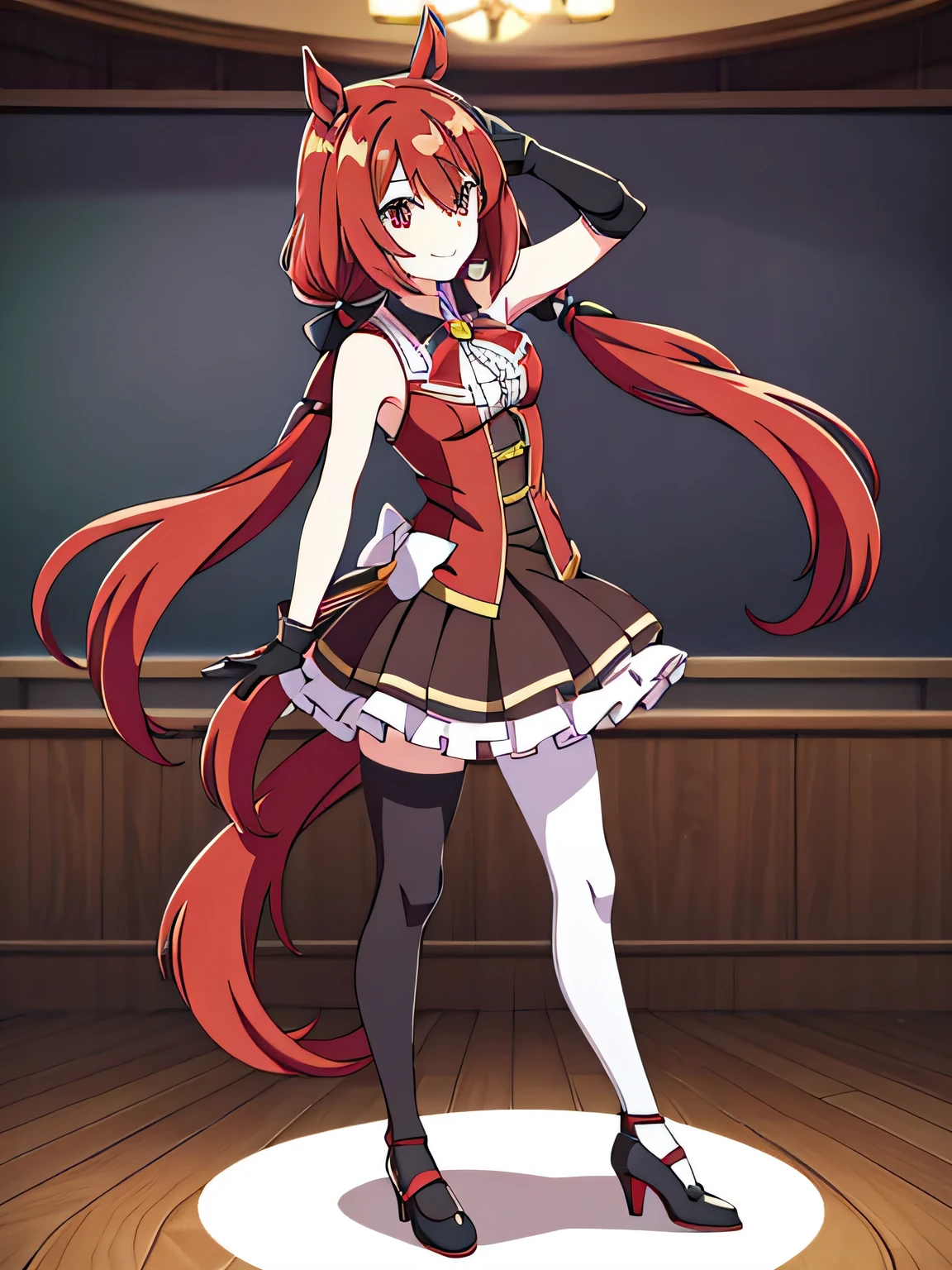 Ultra detailed,anime,1girl,win_variation\(umamusume\),horse tail,red hair,standing pose,classroom,black gloves, pantyhose, gloves, horse ears, horse tail, black footwear, brown pantyhose, bangs, smile, frills, dress, shoes, sleeveless, black pantyhose, white skirt, hair between eyes, skirt, bare shoulders, hair ornament, low twintails, high heels, hair over one eye, bow, hand up, sleeveless dress, very long hair