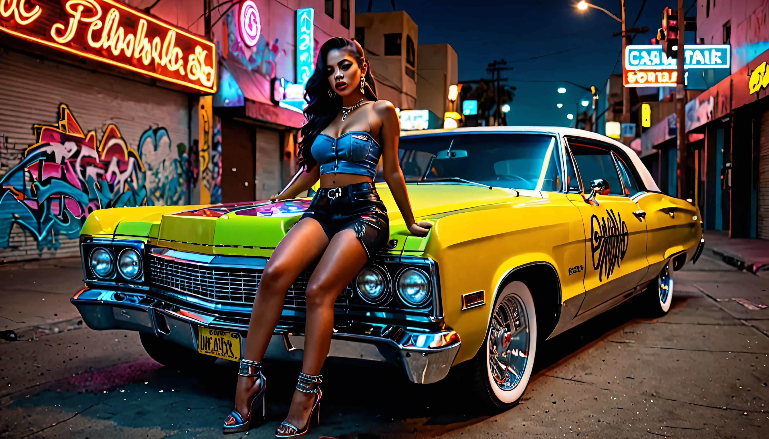 (best quality,4k,8k,highres,masterpiece:1.2), ultra-detailed, (realistic,photorealistic,photo-realistic:1.37), mysterious, intense lighting, dark tones, (neon lights, vibrant colors), (urban, street art) style, (graffiti) atmosphere, (lowrider) culture.
girl with (piercing eyes, smoky eye makeup), (dark, luscious lips), sitting inside a (classic, vintage) lowrider car, in the bustling city of Los Angeles. The girl exudes confidence and rebelliousness, embodying the spirit of the city's vibrant street culture.
The lowrider car boasts intricate (custom paintwork, chrome details) and (carved patterns, flamboyant designs) on its body. The vibrant colors and (shimmering, metallic) finish of the car reflect the surrounding neon lights, creating a surreal and captivating atmosphere.
The girl, dressed in (leather, denim) attire, leans against the car's plush, (velvet) interior, partially shrouded in the car's cigarette smoke. The smoke swirls around her, adding to the sense of mystery and allure. She holds a cigarette with elegant poise, as if lost in her own thoughts.
The scene is bathed in intense, (contrasting) lighting, casting dramatic shadows that enhance the girl's features and add depth to the composition. The warm, (golden) hues of the lighting create a cinematic effect, evoking the romanticized aura of a film noir.
In the background, the vibrant cityscape of Los Angeles comes alive. The towering buildings and glowing billboards form a backdrop of urban energy, while graffiti-covered walls add an edgy and artistic touch. The scene captures the essence of the city's urban landscape, reflecting its rich cultural diversity and creative spirit.
Overall, the artwork exudes a sense of intrigue and urban beauty, combining elements of fantasy and reality. It captures the allure of a girl immersed in the vibrant street culture, a symbol of both rebellion and self-expression, set against the backdrop of the iconic lowrider car and the energetic city of Los Angeles.
