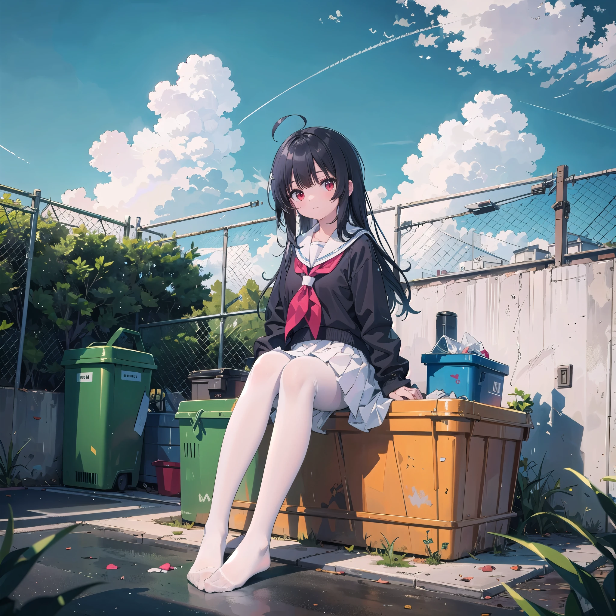 ((masterpiece, best quality)),a girl, solo, skirt, sky, sitting, pantyhose, serafuku, cloud,outdoors, neckerchief ,day, bangs, fence, shirt, ahoge, rooftop, long hair, black pantyhose,black hair, white school uniform, white sailor collar,red eyes, sailor collar, white skirt, white serafuku blue sky,white shirt, looking at viewer, closed mouth,chain-link fence, white skirt, cloudy sky, trash can, pleated,no shoes