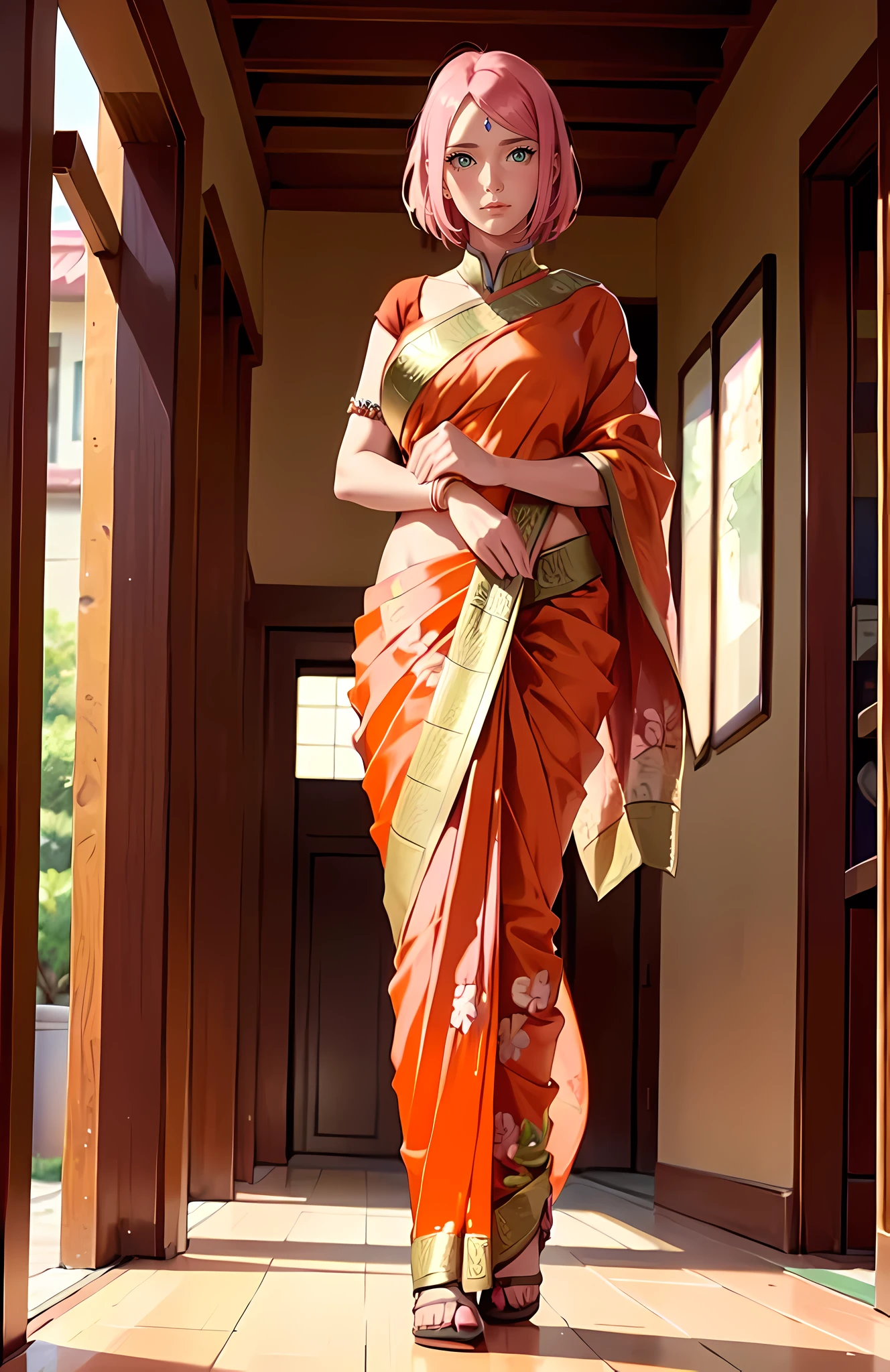 Big , ((wearing indian orange saree)) , (saree covering body), fullbody, good anatomy, masterpiece, best quality, 4k, 8k, professional photography, soft light, sharp focus, 1 girl, sakura haruno, pink hair, parted banks, detailed face+green eyes, open lips, lipstick,   show, from behind, front view , massive breast 