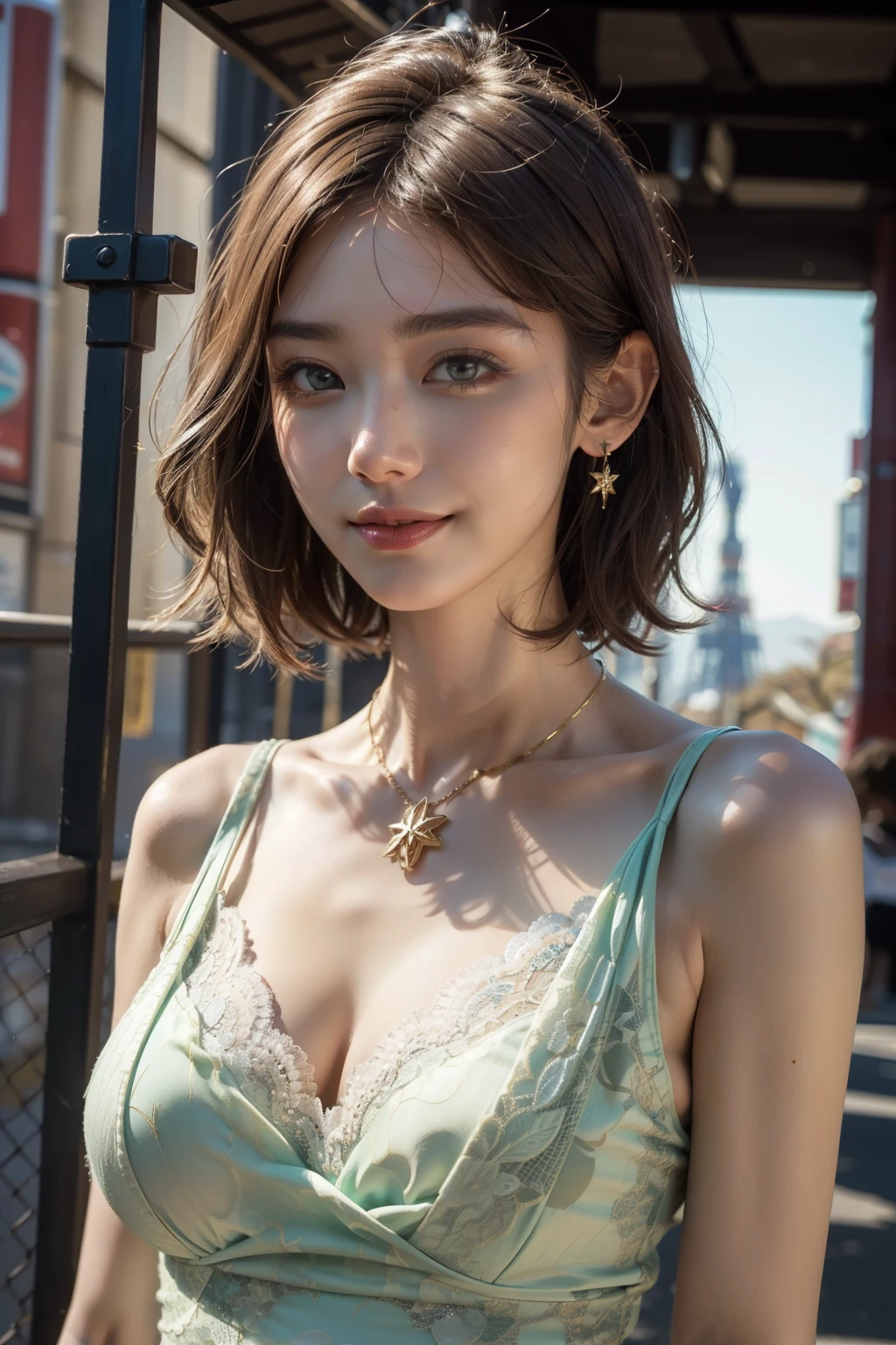 (best quality, 8k,32k,masterpiece, UHD:1.2),extremely detailed CG unity 8k wallpaper,intricate details,Raw photo,(photorealistic:1.4),atmosphere,ultra high res,Realistic,Real,Huge_filesize,incredibly absurdres,(centered:1.3),Ultra illustration,(ultra-detailed),dramatic lighting,various colors,depth of field,art by krenz cushart,golden hour lighting,taken by Canon EOS,SIGMA Art Lens 35mm F1.4,ISO 200 Shutter Speed 2000,blurry background,
BREAK,
1girl,(smile:1.4),slim body,(short hair:1.4),solo,20-year-old Japanese beautiful woman, (Tokyo Tower, lightgreen lace tops:1.6),(light brown hair:1.5),((brown eyes)),Large breasts,chest, Soft white skin that shines with every detail,pale skin,Very beautiful face,Very well-formed face,Natural and realistic face,Best,beautiful detailed eyes,striking eyes,Eyes drawn in detail, smile with your mouth closed,Detailed mouth,Detailed lips,shiny beautiful lips,Glossy lips,simple earrings,necklace,jewelry, solo focus,low neckline,
BREAK,
Front lighting,kool,Standing,sensual expression, BREAK,
(Dutch angle:1.4),looking at viewer,
BREAK,tzuyu,yui aragaki,