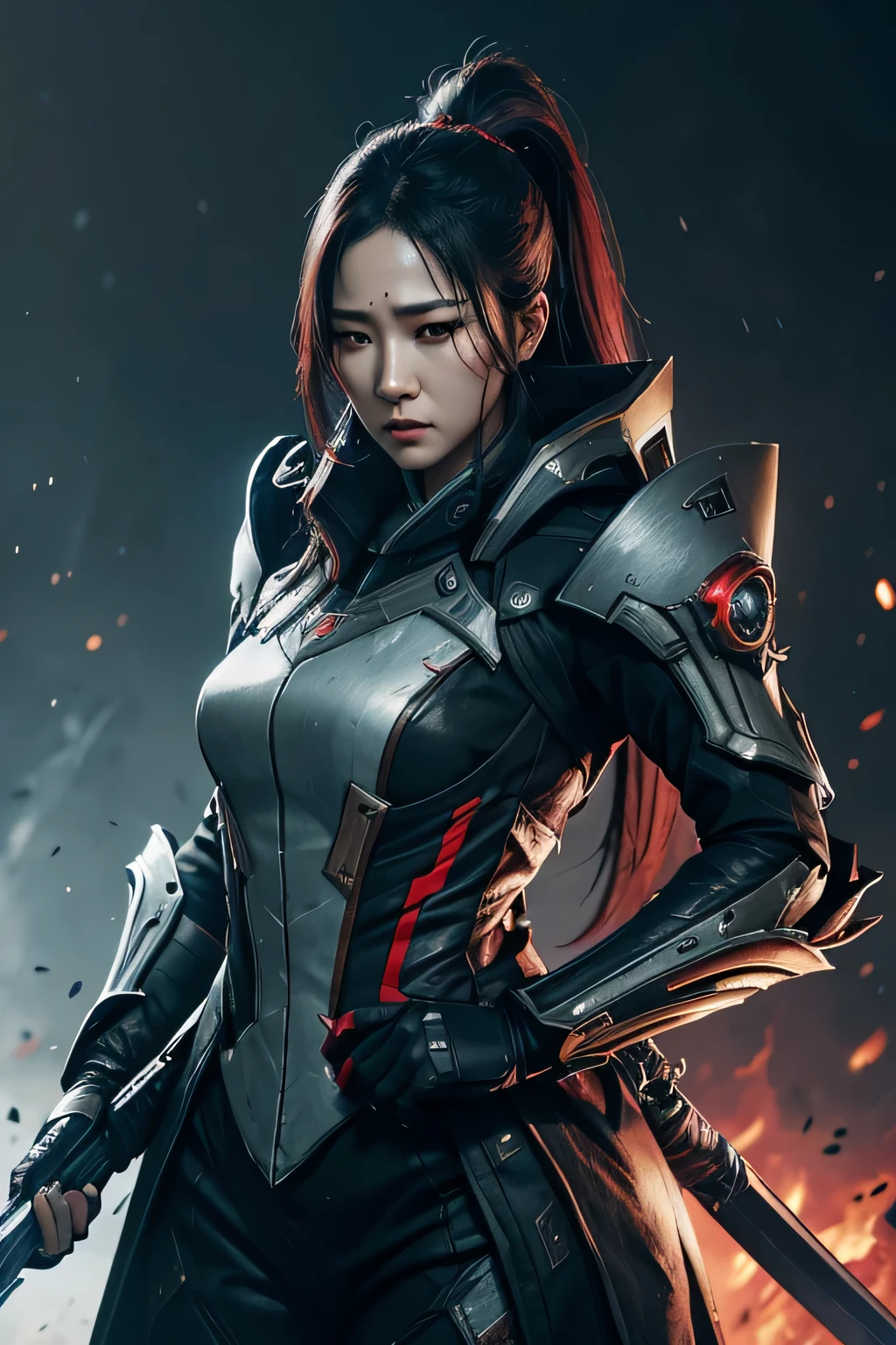 seo ye ji dressed like warframe. heavy makeup. holding a sword and pistol. futuristic. covered in blood. angry face. mean face. red eye liner

