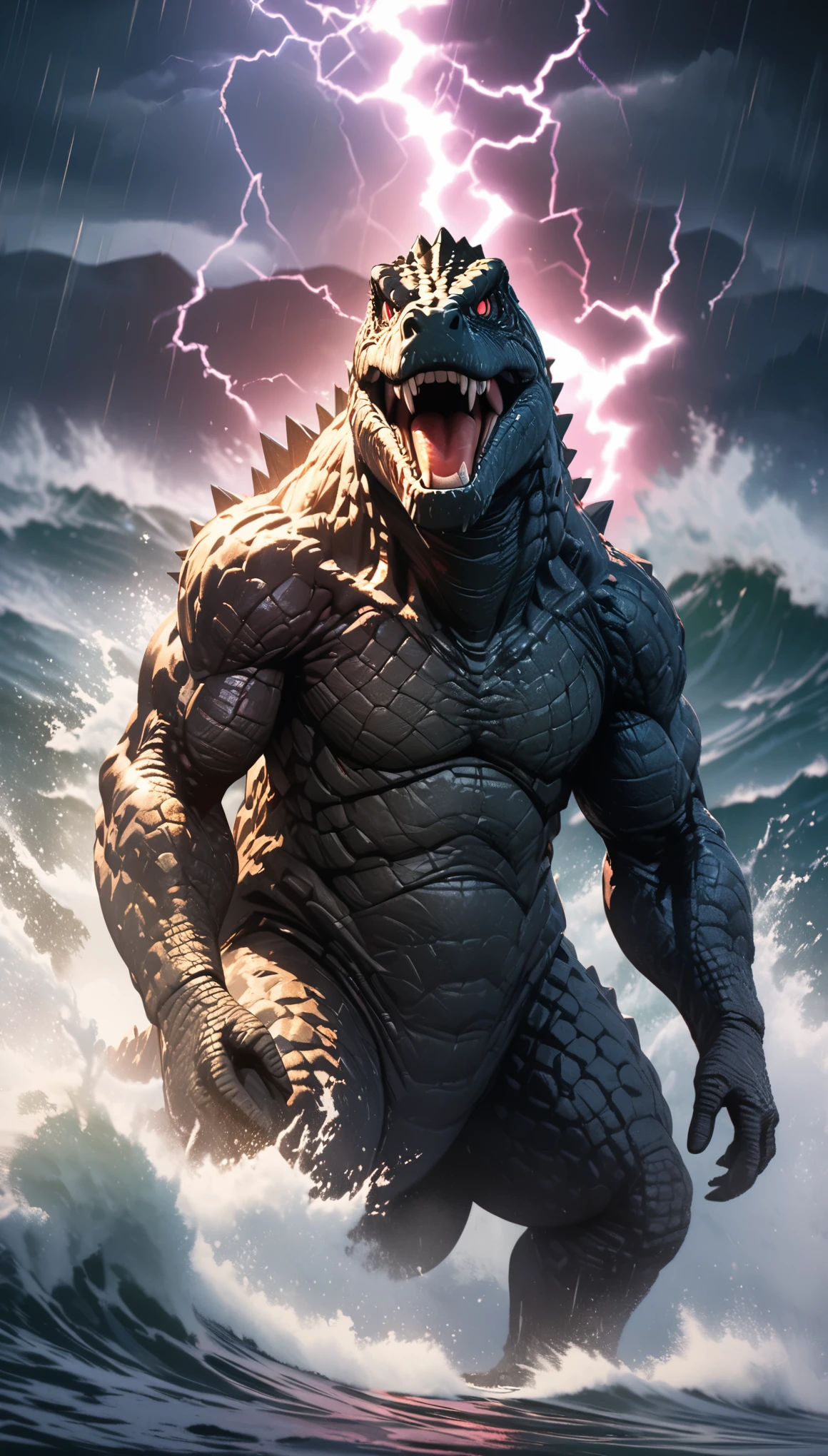 sea，huge waves，storm，lightning，godzilla，full body portrait，Hojo Tsukasa manga style，Flat coating，rich and colorful，depth of field，8k，best quality，masterpiece，movie lighting，Ultra-fine，super detailed，complicated，cinematic perspective，CG art，