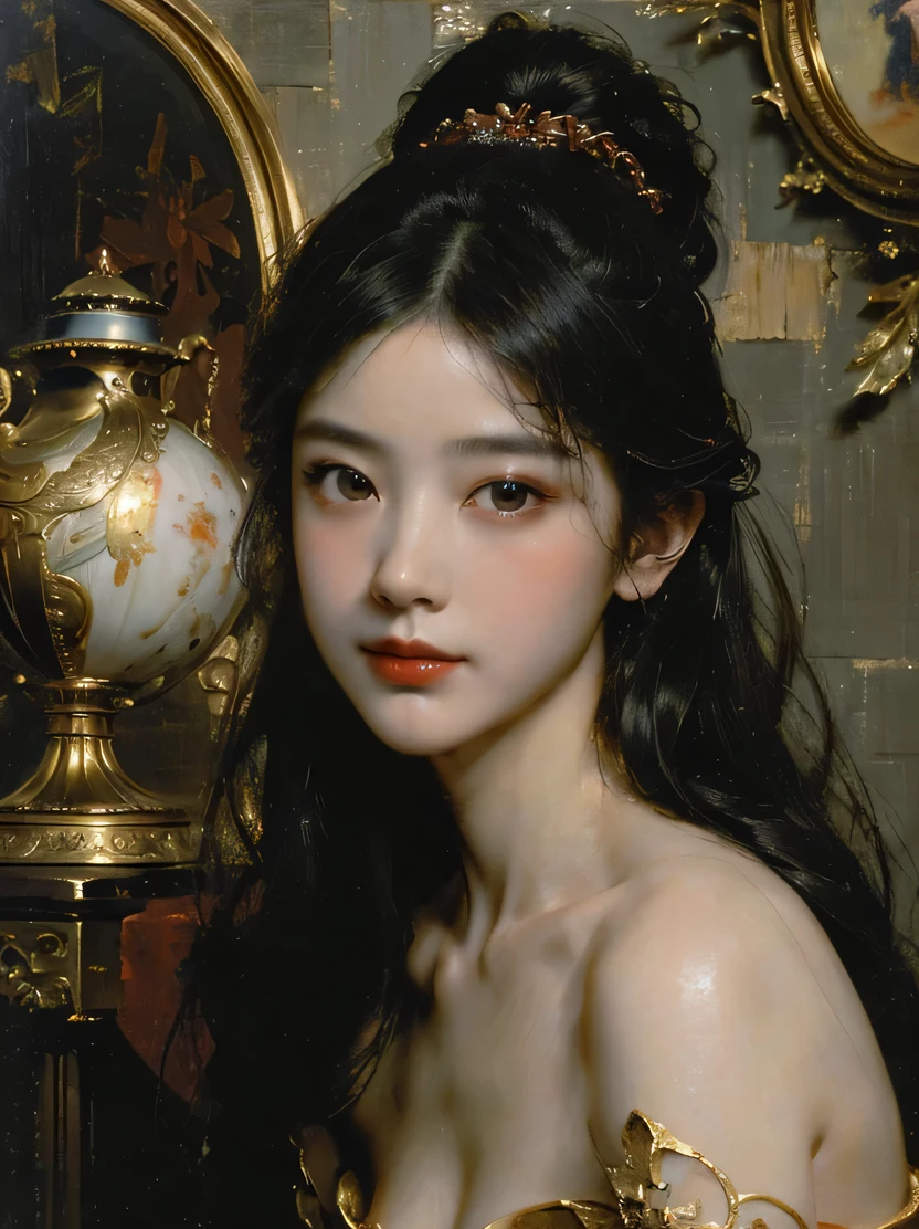 ((masterpiece、highest quality、Super detailed、High resolution、sharp focus、cinematic lighting))、((1 female、bust shot、face light))、long black hair woman、exquisite features、chignon、Hairpin、red chinese style dress、((renaissance classic oil painting style))、((view audience))、Detailed hand depiction、Fechin、oil painting