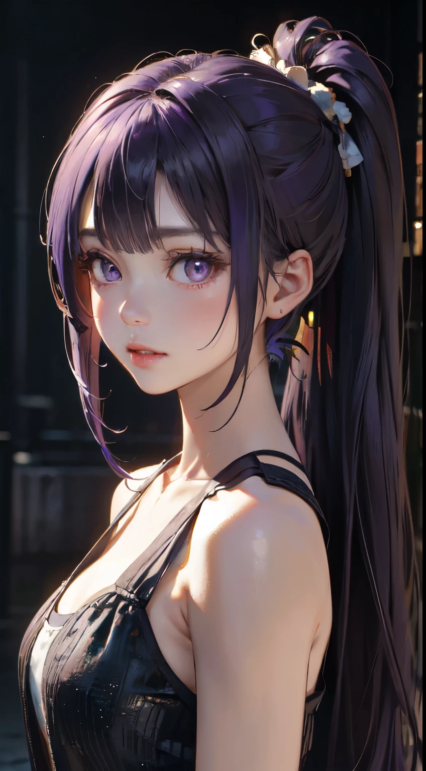 Old body portrait of a beautiful girl、Delicate、detaileds、masterpiece、Real Stick、3D background、Backgrounds with depth、Realistically exaggerate changes in material texture、Exaggeration of gloss、The best transcendental virtuosity、ponytail、Purple hair color、purple hair color