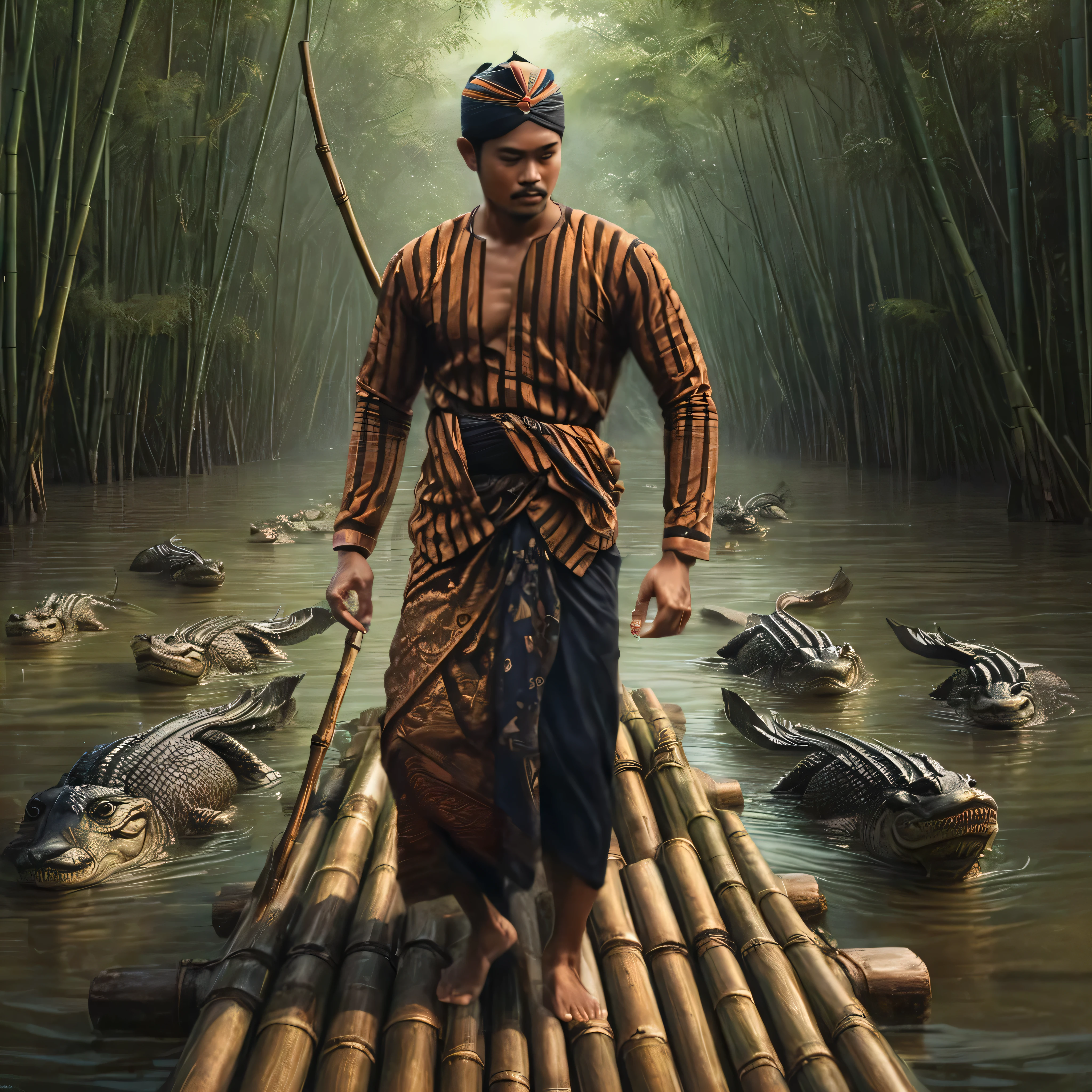 there is a man walking on a bamboo raft in the water, inspired by Rudy Siswanto, javanese mythology, inspired by I Ketut Soki, sumatraism, by Rudy Siswanto, by Kerembeyit, style of ade santora, inspired by Kerembeyit, by Basuki Abdullah, mobile wallpaper, portrait shot