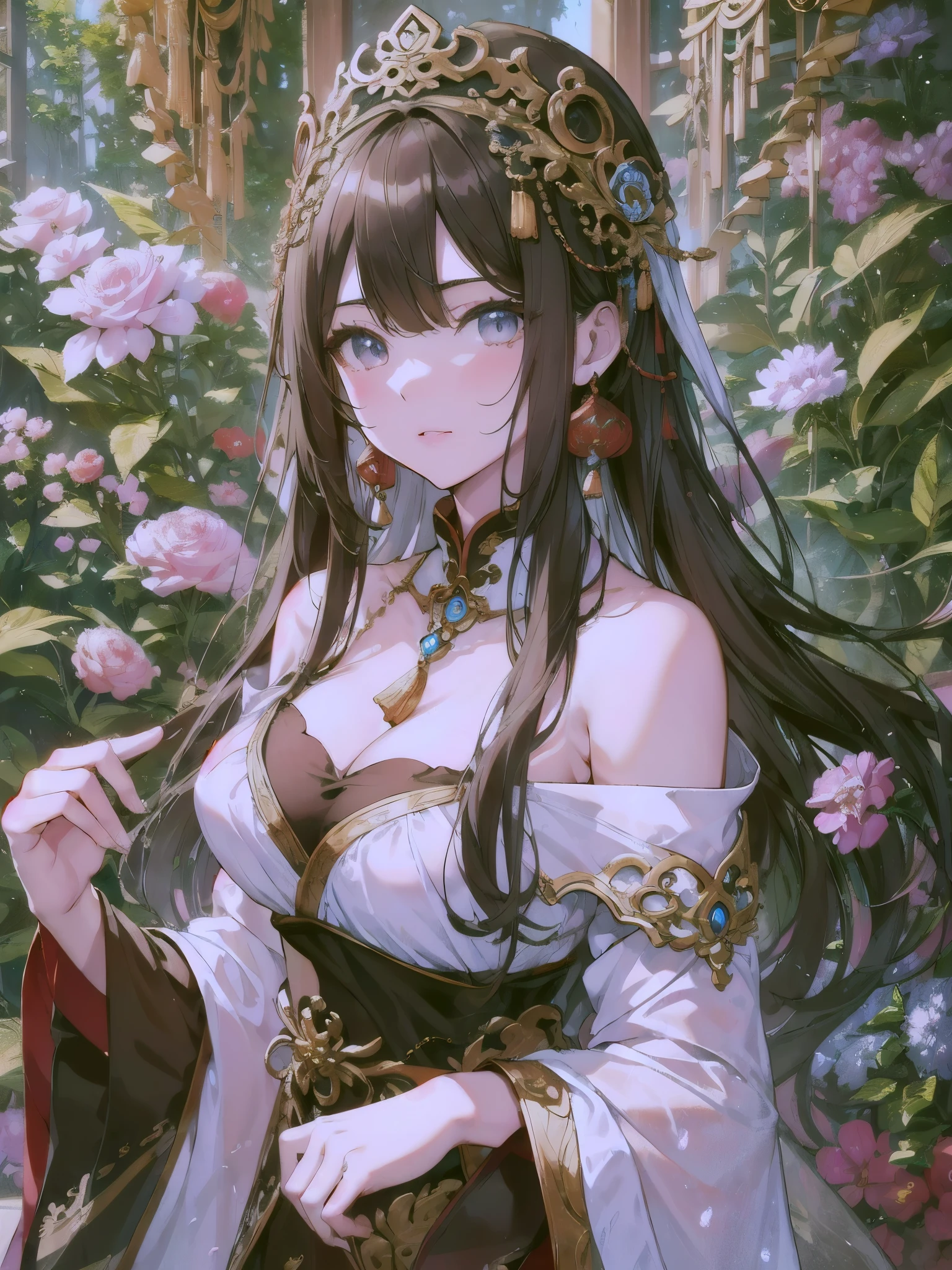 There is a woman in red dress, wild snow scene, a girl in Hanfu, Hanfu, Chinese girl, Chinese woman, Chinese style, white Hanfu, red shawl, snowing, distant scene one A peach blossom tree, full of peach blossoms, a few villages of peach blossoms stretching down from the close-up view, a lot of peach petals floating in the air, heavy snow with goose feathers, 2 colorful butterflies flying, traditional Chinese clothing, cover photo Du's portrait Juan, portrait photo, China Princess, wearing red cheongsam, inspired by Tang Yifen, black haired goddess, beautiful brunette girl, oriental girl, master work, best picture quality, higher quality, high detail, super high resolution, 8k resolution, depth of field, Cinematography, Intricate detail, Elaborate, Meticulous, Magnificent, Maximum detail, Extreme beauty, (((1girl, solo))), 18age, Long hair, multicolor hair, White skin, Realistic, Masterpiece, (best picture quality), higher quality, high detail, super high resolution, panorama, exquisite facial features, perfect face, glowing skin, dreamy background, women, girls, angels, mini girls, goddesses, poets, shy, Surprise, shoulder-length hair, black hair, sharp and clear focus, three-dimensional silhouette, correct proportions, realistic portrait, face close-up, a very temperamental beautiful girl, slender figure, exquisite facial features, flowing long hair, Black hair, extremely detailed hair description, (collarbone), perfect face, clean and flawless face, long eyelashes, light pink eye shadow, shallow dimples, blush, watery big eyes crystal clear, delicate cream Glowing skin like skin, detailed skin details, CFG scale: 8,(A beautiful girl with large breasts and a wisteria flower in her hair),(she wears a white bikini and has her lips slightly parted),(her navel is visible as she stands surrounded by alraune plants), a dream-like atmosphere with vibrant colors and soft lighting,1girl,alraune, flower,large breasts, navel,,wisteria, parted lips,