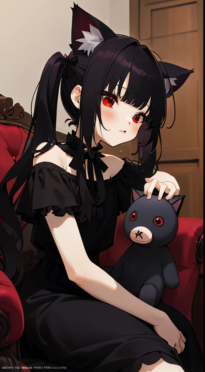obra maestra,alta calidad,4k,arte oficial detallado,,(el detalle:1.4)Esta es una pintura,Depicts a girl sitting on a sofa holding a teddy bear。The game is designed with dark fantasy characters,The atmosphere seemed sinister.。,((long hair slightly wavy slightly past the shoulders, black bangs, small black pigtails on the sides, cute cat ears, beautiful thin red eyes)), and a gothic face,Chica anime con cabello negro y vestido blanco sosteniendo osito de peluche, anime girl gothic maiden, 1 7 year old anime gothic girl, nocturno, Chica anime con vestido negro,anime visual de una linda chica, una chica anime, Kawasi, Chica anime feroz, Incorporates dark fantasy elements.,Brown hair,Las proporciones son correctas.