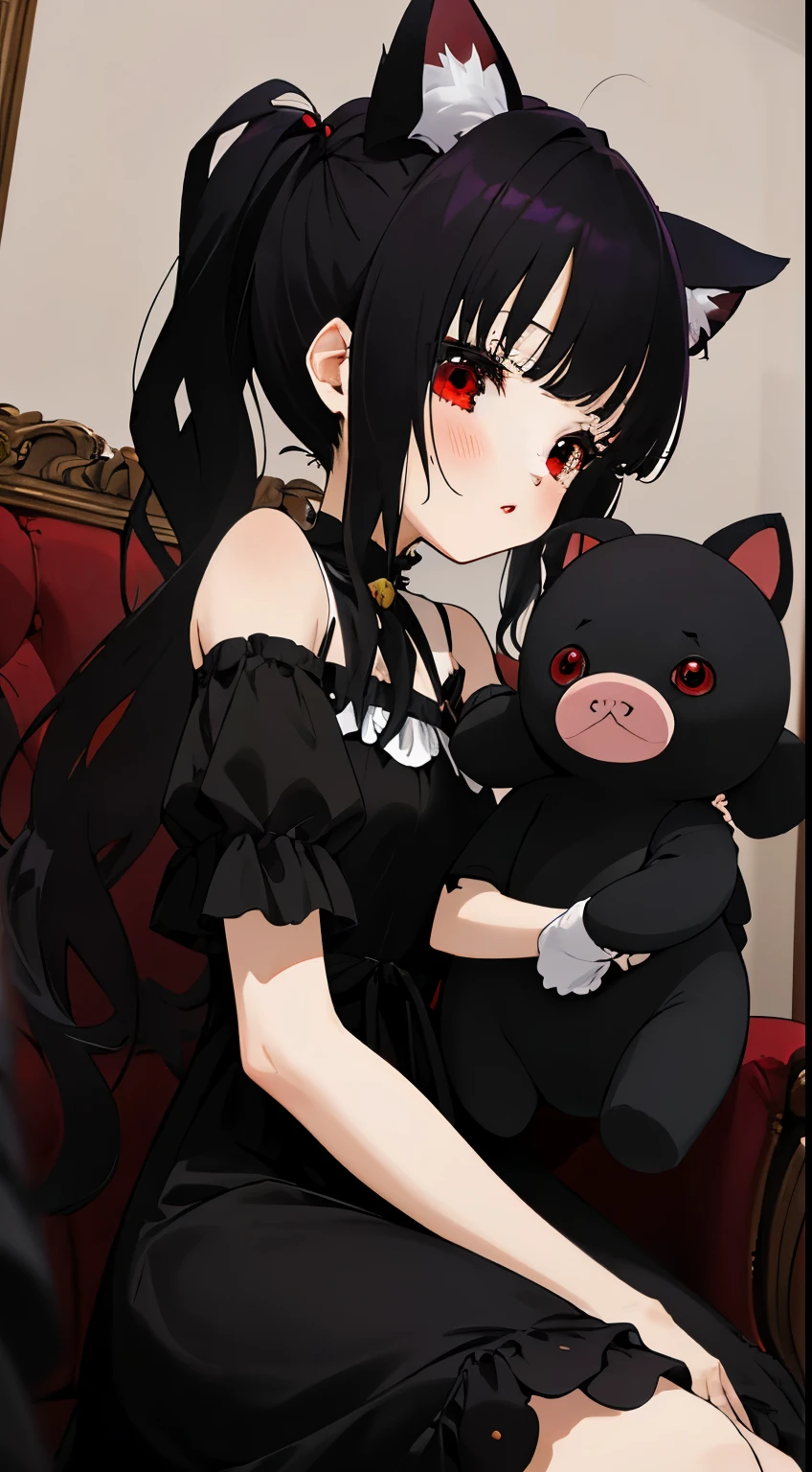 obra maestra,alta calidad,4k,arte oficial detallado,,(el detalle:1.4)Esta es una pintura,Depicts a girl sitting on a sofa holding a teddy bear。The game is designed with dark fantasy characters,The atmosphere seemed sinister.。,((long hair slightly wavy slightly past the shoulders, black bangs, small black pigtails on the sides, cute cat ears, beautiful thin red eyes)), and a gothic face,Chica anime con cabello negro y vestido blanco sosteniendo osito de peluche, anime girl gothic maiden, 1 7 year old anime gothic girl, nocturno, Chica anime con vestido negro,anime visual de una linda chica, una chica anime, Kawasi, Chica anime feroz, Incorporates dark fantasy elements.,Brown hair,Las proporciones son correctas.