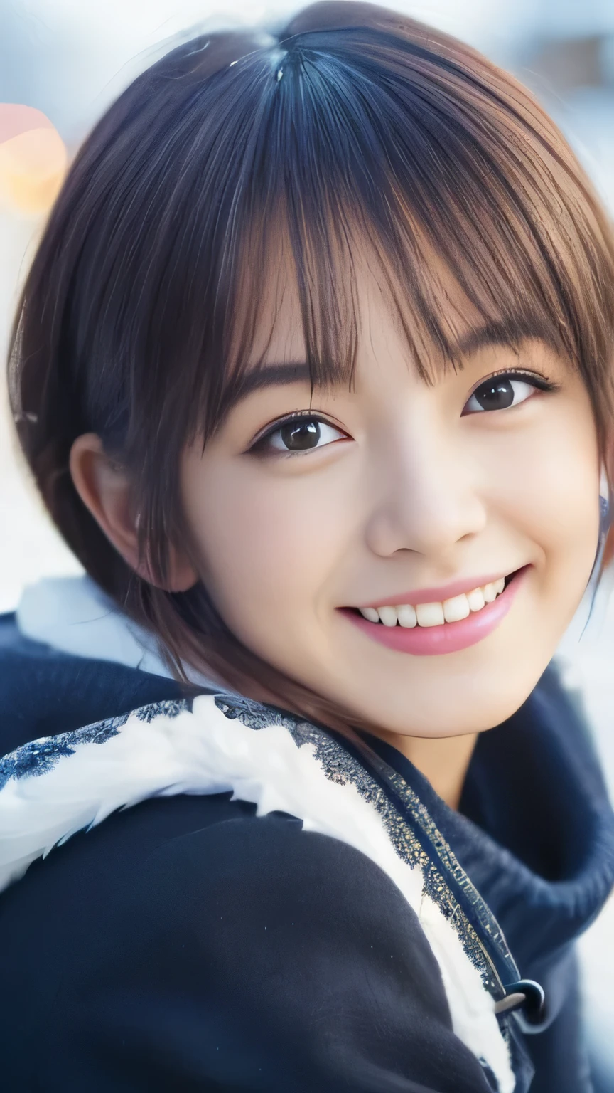 (best quality, masterpiece, ultra-high resolution, photorealistic:1.8), portraits, 1 girl, young Japanese girl:1.5, slender, 18 years old, detailed face, incredibly cute face, small face, super high-definition big sparkling eyes:2.0, drooling eyes:1.5, clear eyes:2.0, break, extremely beautiful very short hair, extremely beautiful long eyelashes, natural makeup,Winter clothes:1.5, (big smile:1.5), ecstasy, face shine:1.75, bright colors, soft lighting.