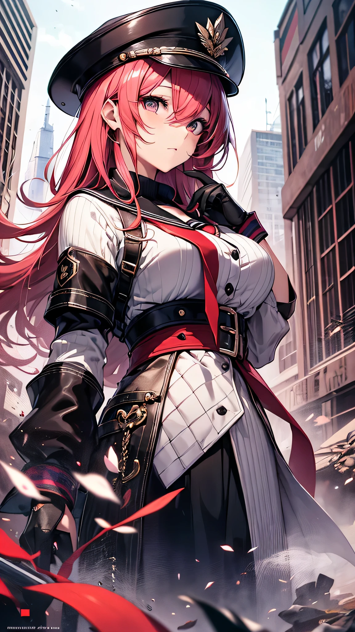 最high quality、best image quality、masterpiece、girl((18-year-old、 By becoming、vest bust、medium bust,wide open breast tea、shining eyes, glowing red hair、long hair、thin,highest valley、、black sailor suit、short skirt、Wristband、black gloves、hat、Tsundere、back view、reach out your hand、surprise)),high quality、beautiful art、background((luxurious school))、Flight、debris flies、Depth of written boundary、movie、visual art、perfect art、8K,genuine、