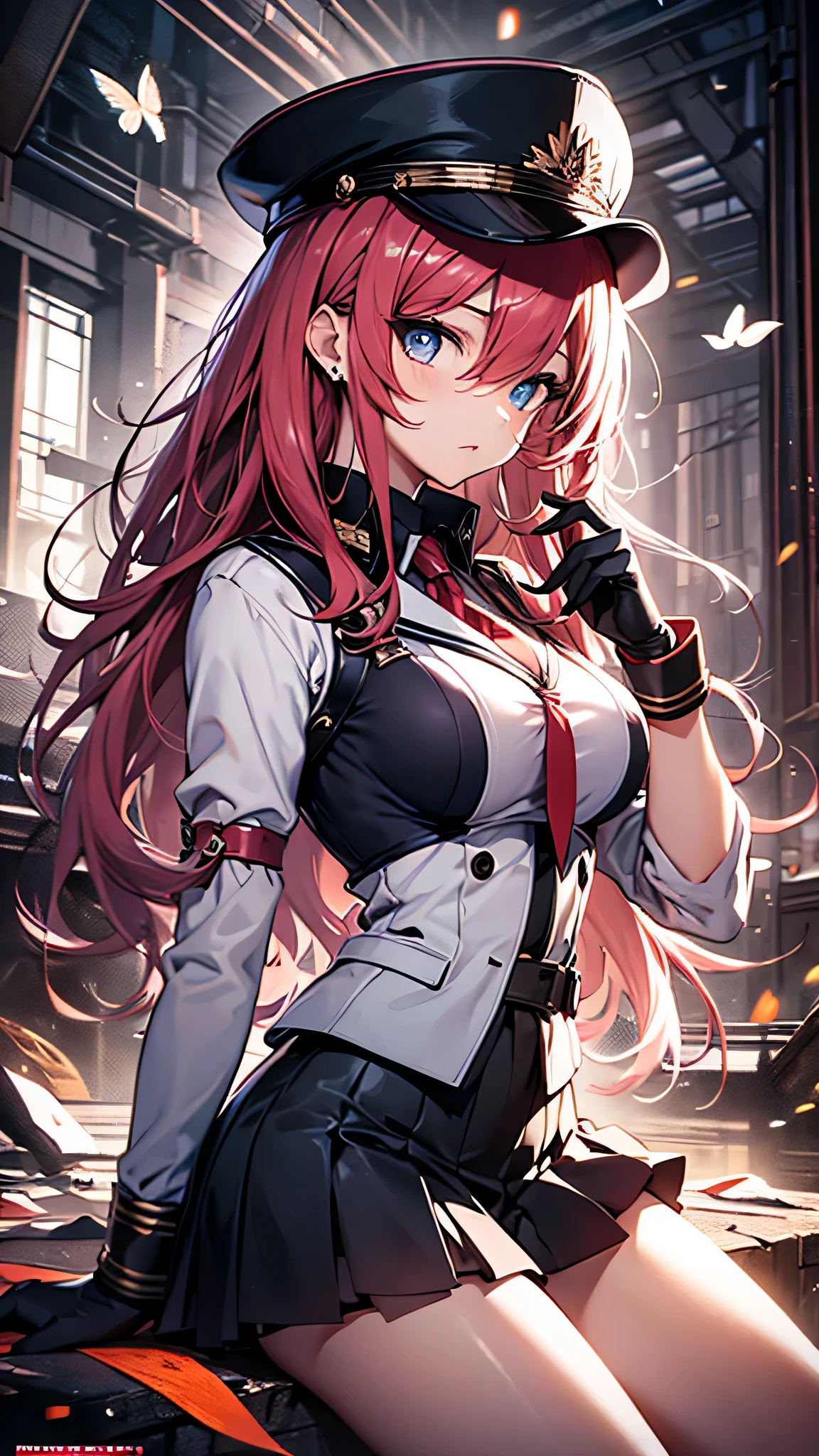 最high quality、best image quality、masterpiece、girl((18-year-old、 By becoming、vest bust、medium bust,wide open breast tea、shining eyes, glowing red hair、long hair、thin,highest valley、、black sailor suit、short skirt、Wristband、black gloves、hat、Tsundere、back view、reach out your hand、surprise)),high quality、beautiful art、background((luxurious school))、Flight、debris flies、Depth of written boundary、movie、visual art、perfect art、8K,genuine、