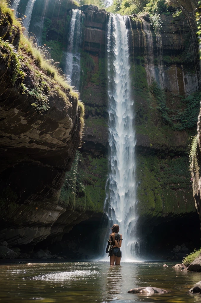 Waterfall represents four adventurers, fantasy nature, green fairy landscape., golden ratio, detailsภาพเคลื่อนไหว, Delicate, Trend QuixelMegascans, Picture Perfect, Ultra high resolution, perfect composition, details, Awesome color, (ผิวที่มีdetailsสูง: 1.2), Ultra high resolution 8k, DSLR camera, soft light, High quality, Film texture, Fujifilm XT3  
