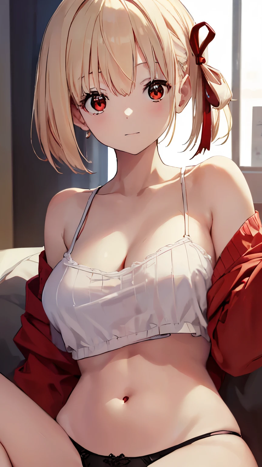 Chisatoniki, Chisato, short hair, bangs, blonde hair, (red eyes:1.5), hair ribbon, one side up, bob cut,
bare shoulders, twin tails, clavicle、off shoulder sweater、Upper breastedium breasts、 stomach、panties、red ribbon, ショートtwin tails, grin and laugh,highest quality, High resolution, (shape:0.8), (fine and beautiful eyes:1.6), highly detailed face, perfect lighting, Detailed CG, (perfect hands, perfect anatomy)