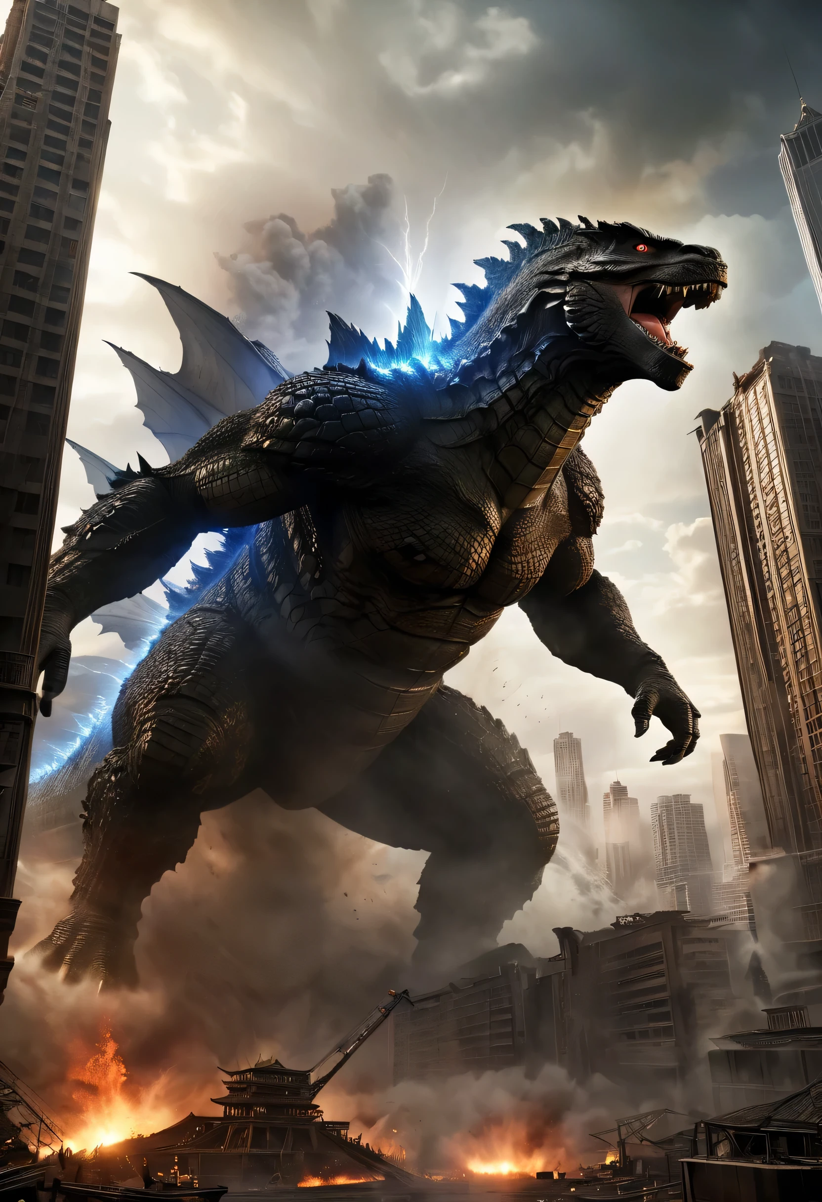 movie poster:Godzilla,Great Monster,dinosaur elements,Godzilla,Destroyed metropolis,collapsed skyscraper,roar,anger,Very powerful,dynamic,best composition,rich colors,dark fantasy,realism,Flying helicopter:Shining a light on Godzilla,Wind,dust,flash,very flash,intricate details,rendering,unreal engine,destruction and despair,Face the Despair!,dim background,beautiful light and shadow,moderate dirt,broken building,Plume,light,super cool poster