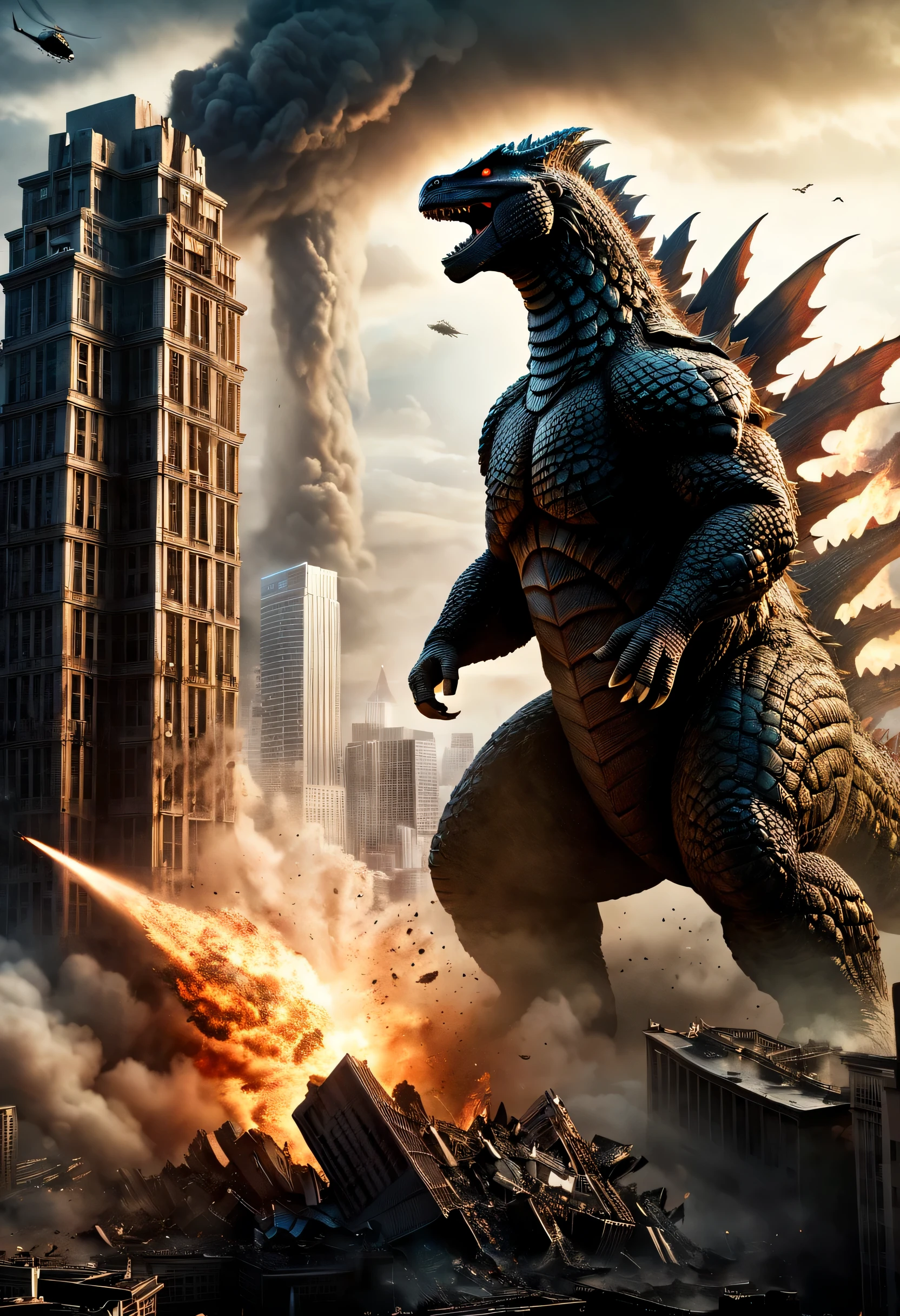 movie poster:Godzilla,Great Monster,dinosaur elements,Godzilla,Destroyed metropolis,collapsed skyscraper,roar,anger,Very powerful,dynamic,best composition,rich colors,dark fantasy,realism,Flying helicopter:Shining a light on Godzilla,Wind,dust,flash,very flash,intricate details,rendering,unreal engine,destruction and despair,Face the Despair！,dim background,beautiful light and shadow,moderate dirt,broken building,Plume,light,super cool poster