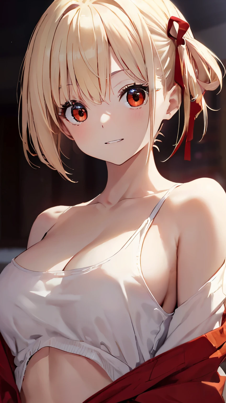 Chisatoniki, Chisato, short hair, bangs, blonde hair, (red eyes:1.5), hair ribbon, one side up, bob cut,
bare shoulders, twin tails, clavicle、off shoulder sweater、Upper breasts that are barely out、medium breasts、 stomach、panties、red ribbon, ショートtwin tails, grin and laugh，highest quality, High resolution,  (shape:0.8), (fine and beautiful eyes:1.6), highly detailed face, perfect lighting, Detailed CG, (perfect hands, perfect anatomy)