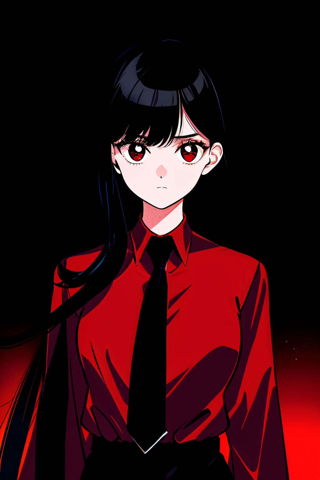 a 1girl, body complet, very detail, a lot of details, very extremely beautiful,  ((masterpiece, minimalism)), (long black Hair), black necktie, (red shirt), Dark colors, looks into space