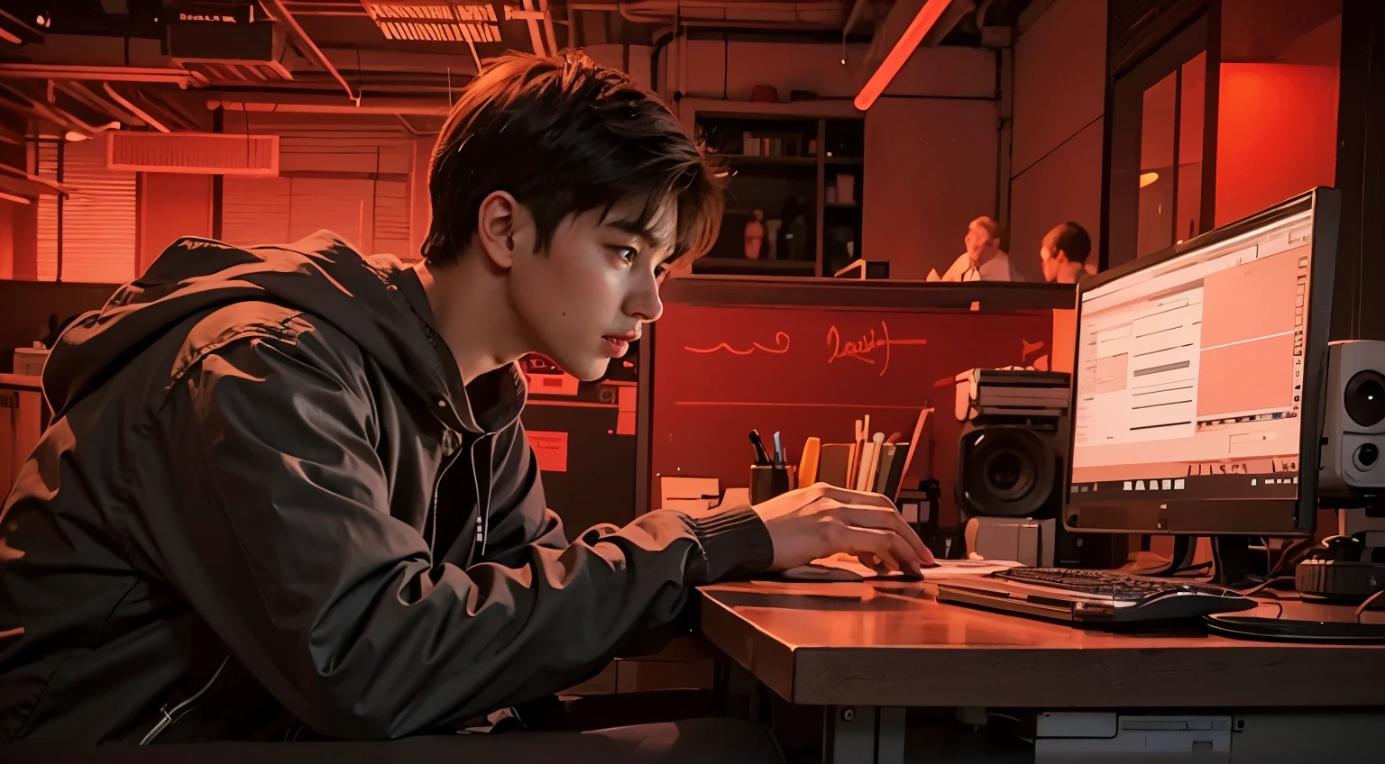 boy programming on his desk