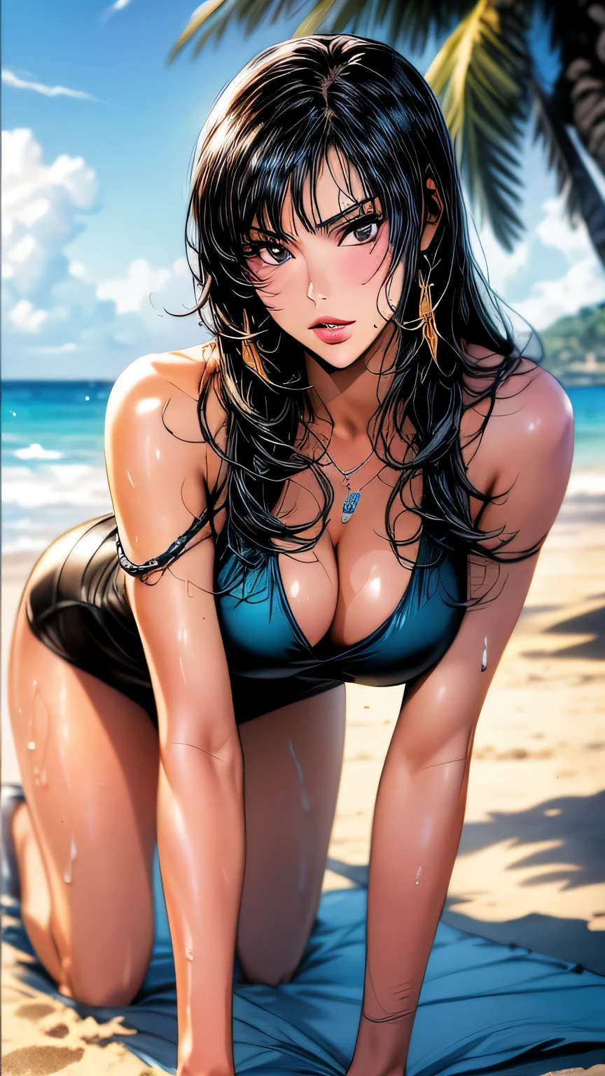 1 girl (master piece:1.2) (detailed:1.2) (highest quality:1.1) (shiny hair) (shiny skin), Nico Robin V2, movie lighting, (wet skin, wet hair, big:1.2), big, (beach, Palm tree), beach, clear water,(blue sky, Cumulonimbus cloud),(Smooth),(hibiscus),laughter, black eye, one piece, Nico Robin, Huge_chest, ~ side、masterpiece、highest quality、Super fine、High resolution、very detailed写真、(natural skin texture、fine skin、hyper realism、Super sharpness)、high detail skin、(very detailed、fine skinの質感、intricate details、one piece水着、(((crawl on all fours)))